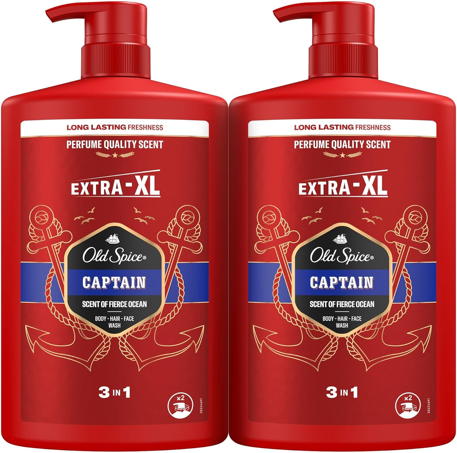Old Spice ▫️ Captain Men's Shower Gel & Shampoo 2x1000ml, 3 em 1 Multiusos para o rosto, corpo e cabelo, frescura duradoura, fragrância excecional, limpeza profunda