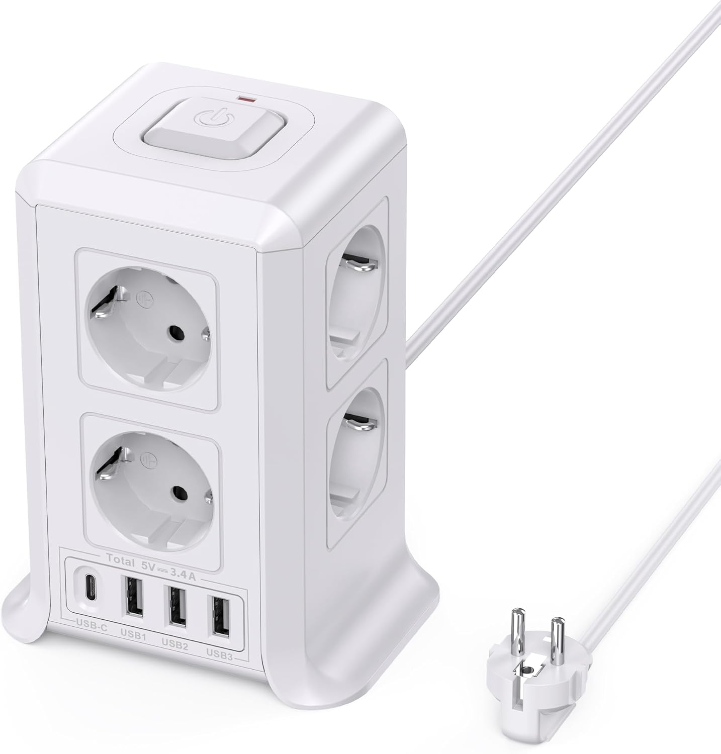 Sameriver ▫️ Faixa de Alimentação Torre, Faixa de Alimentação USB 8 AC e 4 Tomadas Múltiplas USB, 2500W/10A, Faixa de Alimentação Protegida contra Surtos, Faixas de Alimentação Verticais 2M com Interruptor para Casa, Mesa, Escritório, Branco