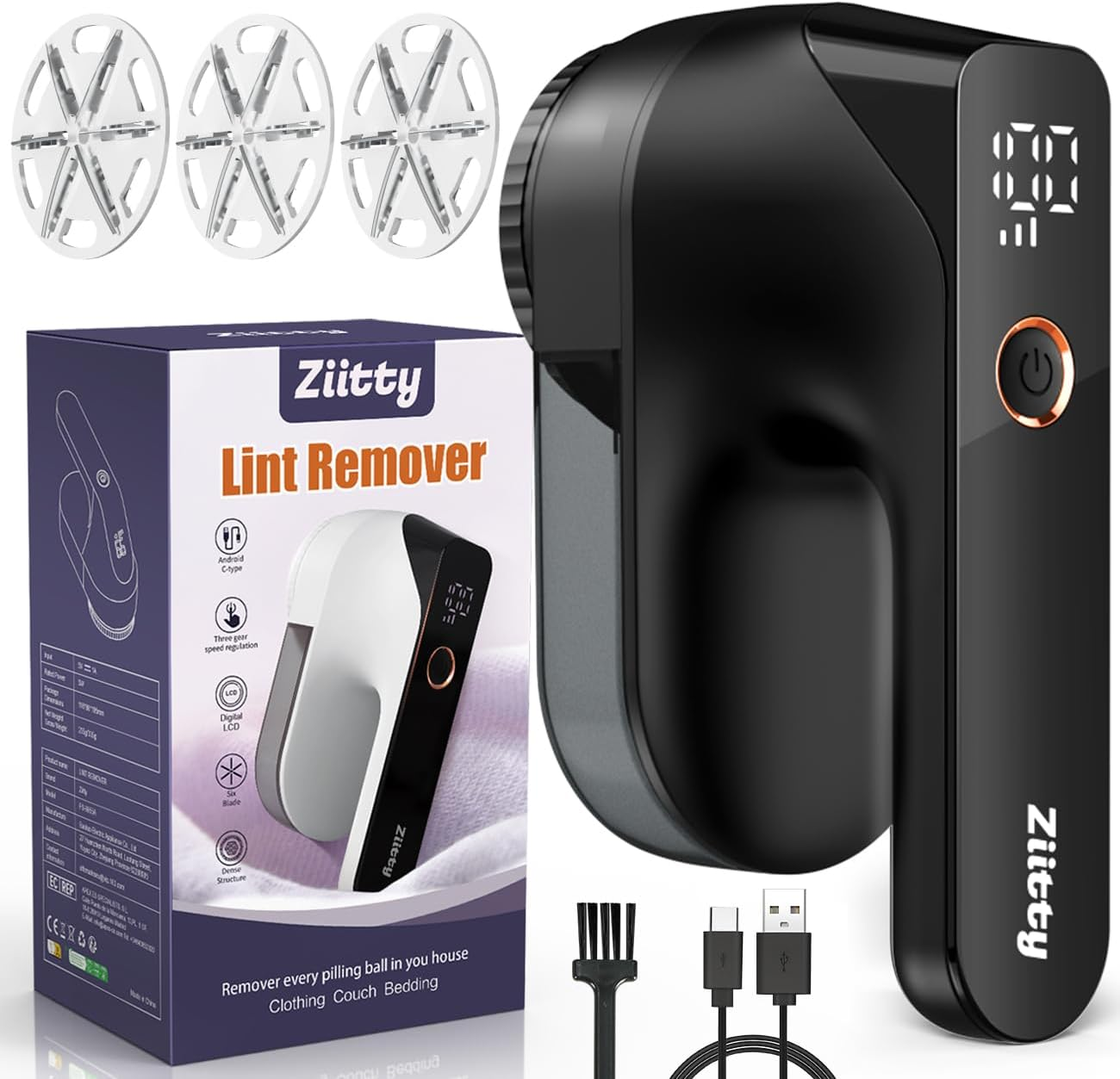 Ziitty ▫️ Removedor de Fiapos Elétrico para Roupa - Removedor de Fiapos para Roupa, Visor LCD, Carregamento Tipo C, 6 Lâminas, Lâmina de Remoção de Fiapos Recarregável Potente e Eficiente para Roupa e Móveis, Preto