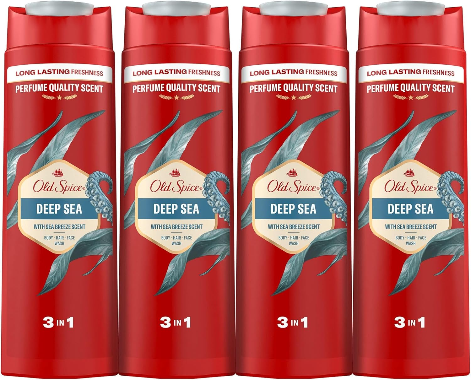 Old Spice ▫️ Deep Sea Men's Shower Gel & Shampoo 4x400ml, Gel 3 em 1 multiusos para rosto, corpo e cabelo, frescura duradoura, fragrância excecional, limpeza profunda