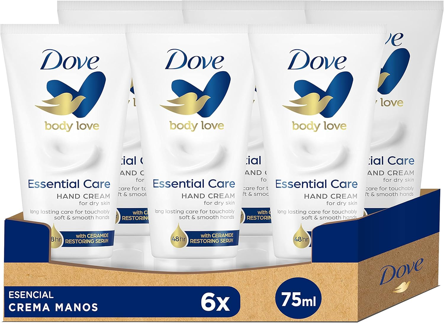Dove ▫️ Essential Creme Hidratante Nutritivo para as Mãos que hidrata e cuida da pele 75ml, embalagem com 6 unidades
