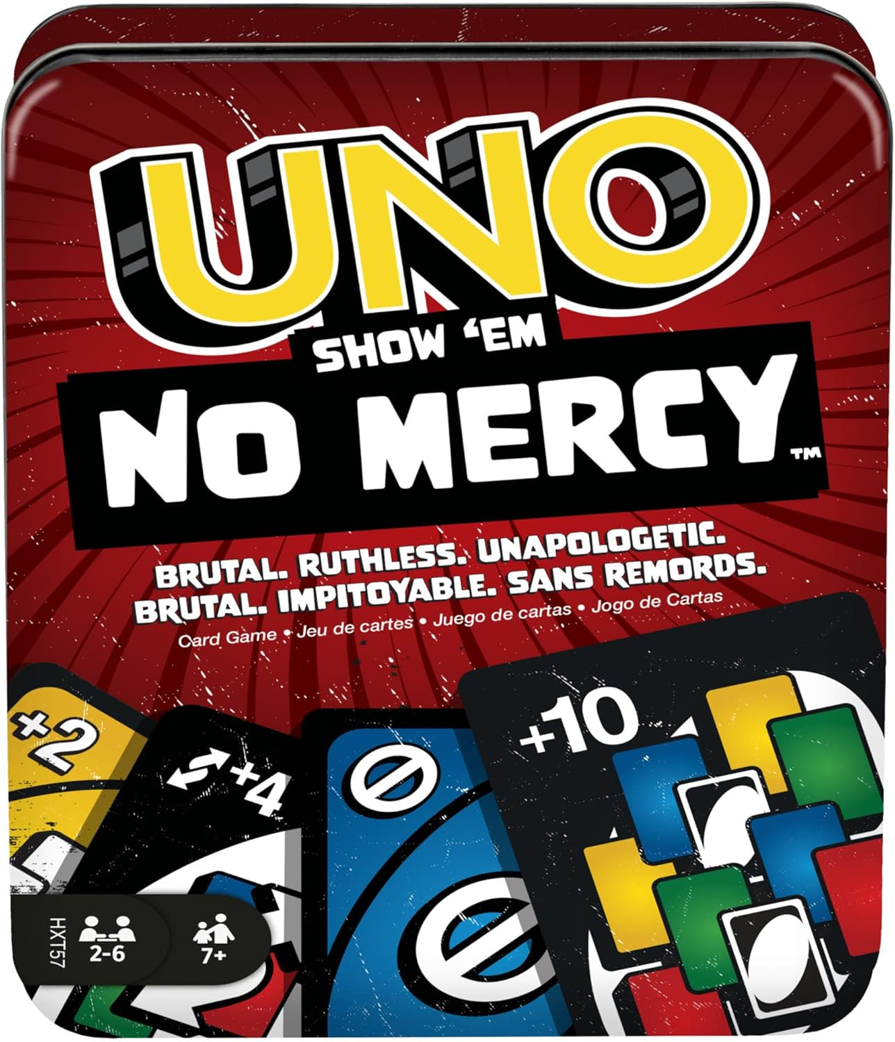 Mattel Games ▫️ UNO No Mercy, Jogo de cartas com cartas adicionais, regras especiais e mais penalizações implacáveis, Jogo de tabuleiro familiar, Brinquedo de oferta para rapazes e raparigas +7 anos, HXT57, Vermelho