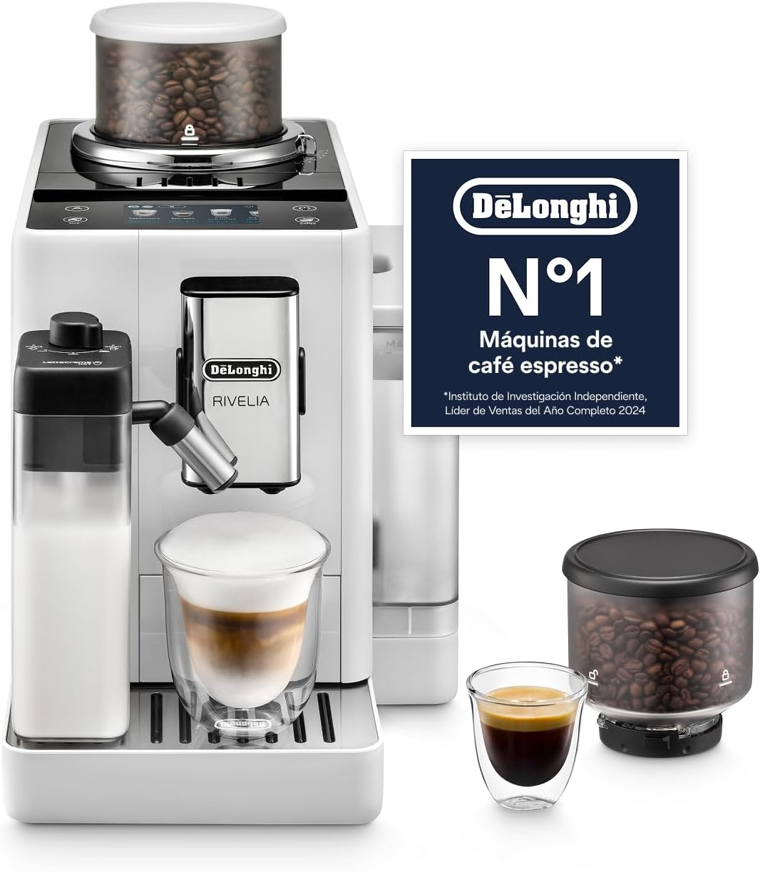 De'Longhi ▫️ Rivelia - Cafeteira superautomática, jarro de leite automático LatteCrema, 16 bebidas com um só toque, ecrã tátil, depósitos de grãos intercambiáveis, branco (EXAM440.55.W)