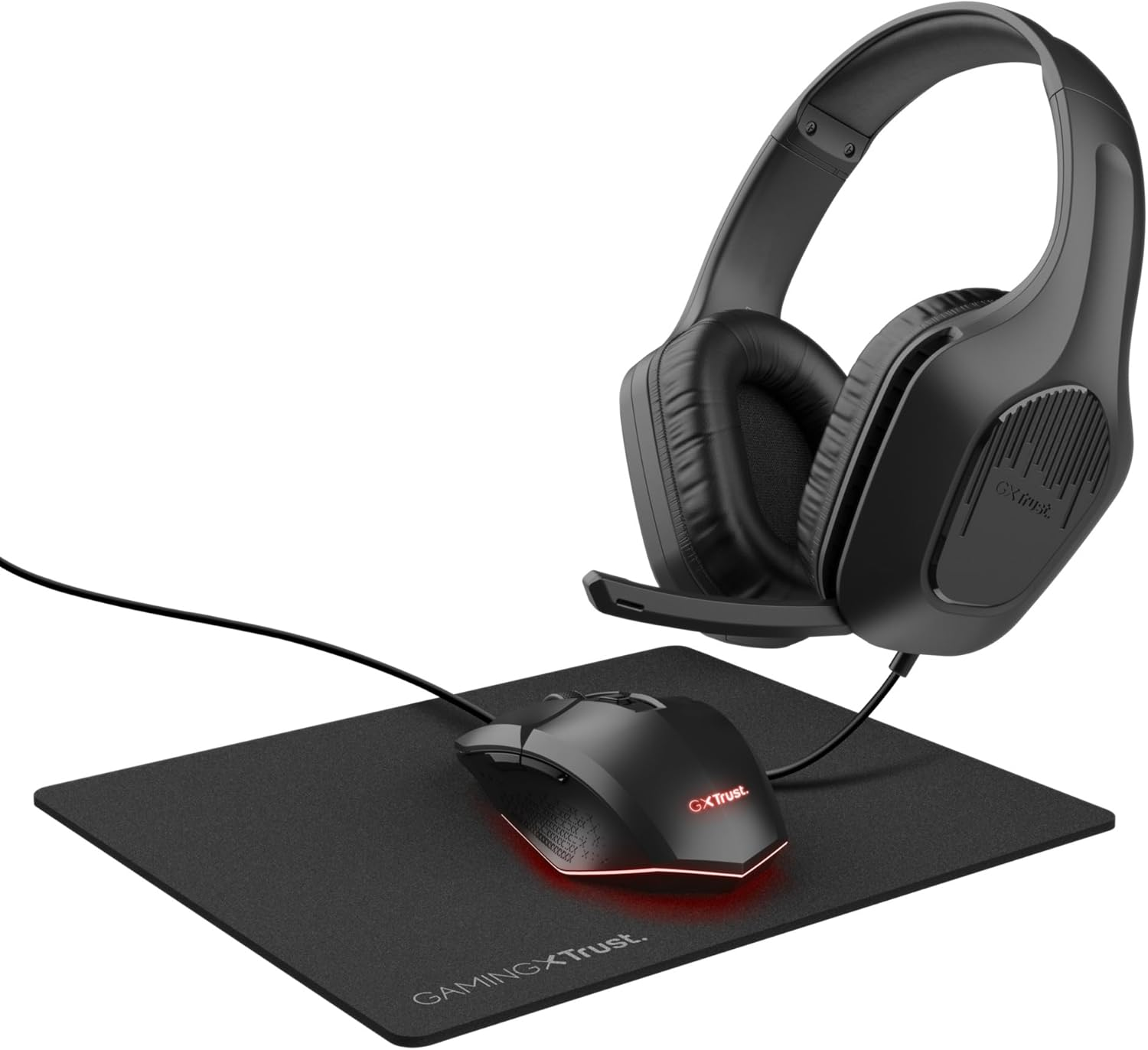 Trust Gaming ▫️ GXT 790 Tridox 3-in-1 Gaming Pack - Auscultadores leves com drivers de 50 mm, ligação de 3,5 mm, rato de jogador USB 200-6400 dpi, tapete de rato, pacote para PC/portátil - Preto