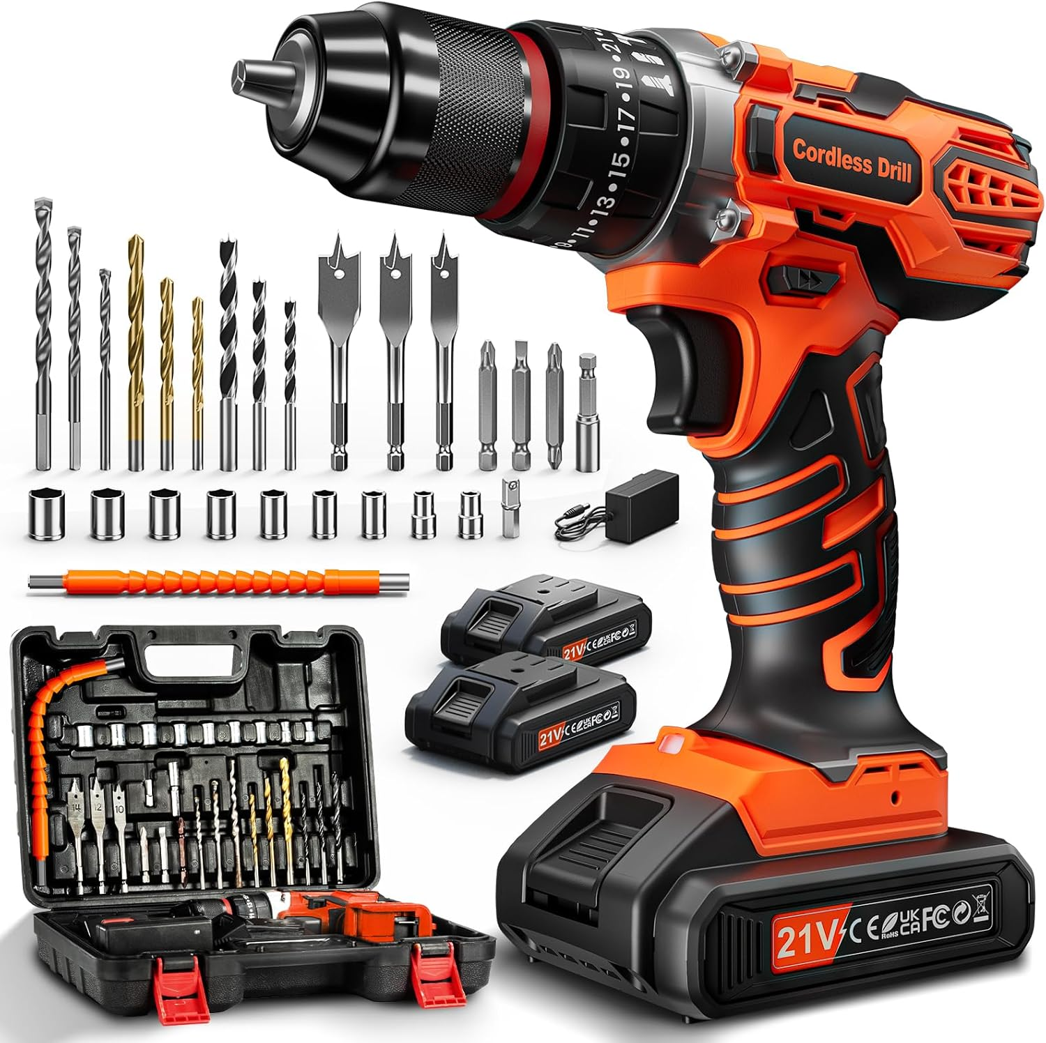 FAHEFANA ▫️ Martelo perfurador a bateria de 21 V, aparafusadora eléctrica com 2 baterias de 2,0 Ah, aparafusadora sem fio de 45 Nm, regulação de binário 25+3, mandril de perfuração em metal de 10 mm, 2 velocidades, 27 acessórios, luz LED