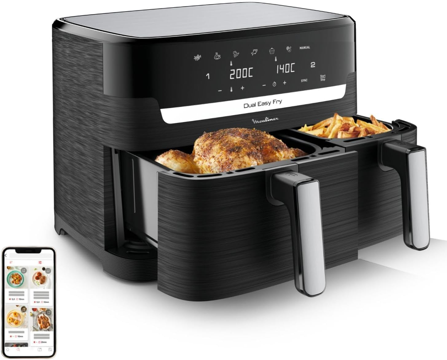 Moulinex ▫️ Dual Easy Fry 8,3 L - Fritadeira de ar duplo, poupança de energia até 70%, capacidade de 5,2 L e 3,1 L, 7 programas, resultados estaladiços, lavável na máquina de lavar louça, livro de receitas digital, EZ9018
