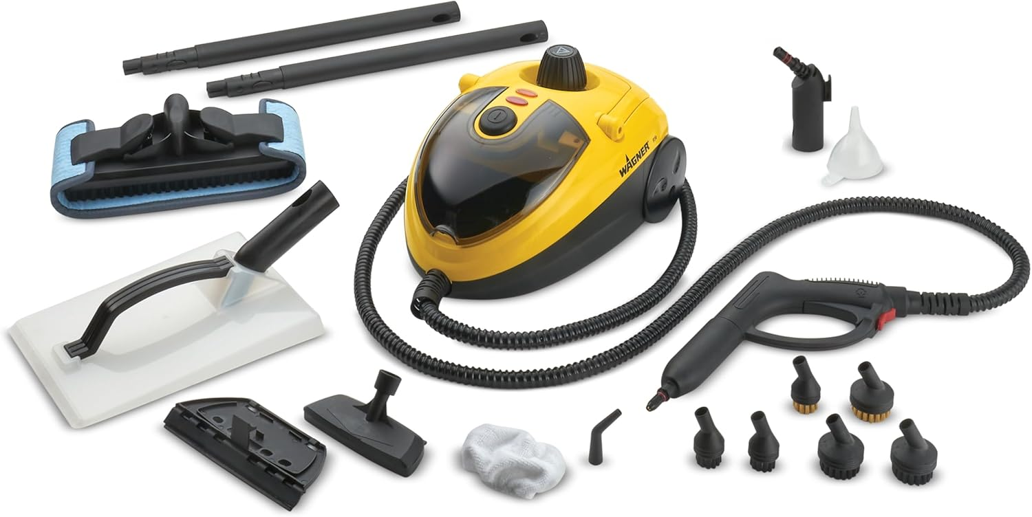 Wagner ▫️ Power Steamer 915 E, máquina de limpeza a vapor multifunções com 18 acessórios, pressão 3,5 bar, tempo de vapor aprox. 40min, capacidade do depósito 1,2l, comprimento da mangueira 2,4 m, 1500 W