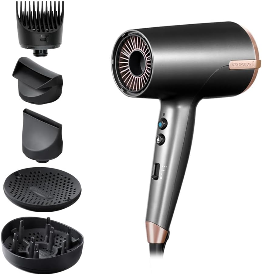 Remington ▫️ Secador de cabelo Professional ONE, sensor Thermacare para proteger o cabelo, iónico, 8 regulações, 4 acessórios, redutor de frisado, saco de arrumação, D6078