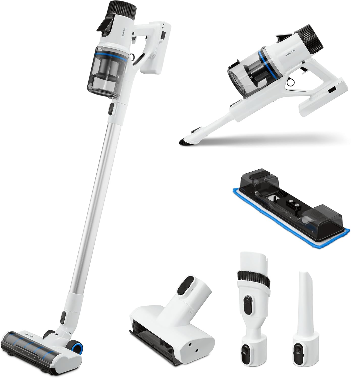 MEDION ▫️ P400W Aspirador de Vara com Função de Limpeza (sem fio, sem saco, tecnologia ciclónica, 400 Watt, aspirador de vara, aspirador de mão, bateria recarregável, sensor de pó)