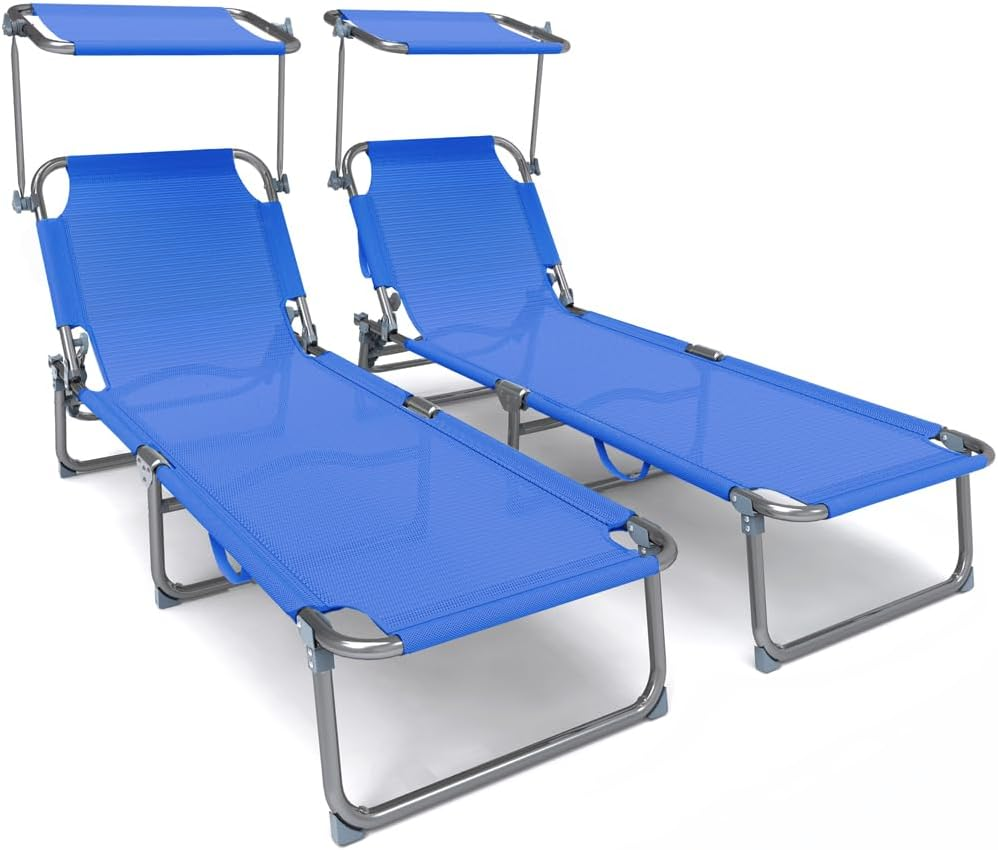 VOUNOT ▫️ ® Conjunto de 2 espreguiçadeiras dobráveis com guarda-sol, espreguiçadeira de praia reclinável em 4 posições, estrutura de aço e tecido de textilene, peso máximo de 110 kg para piscina, jardim, praia 190x58x27cm, azul