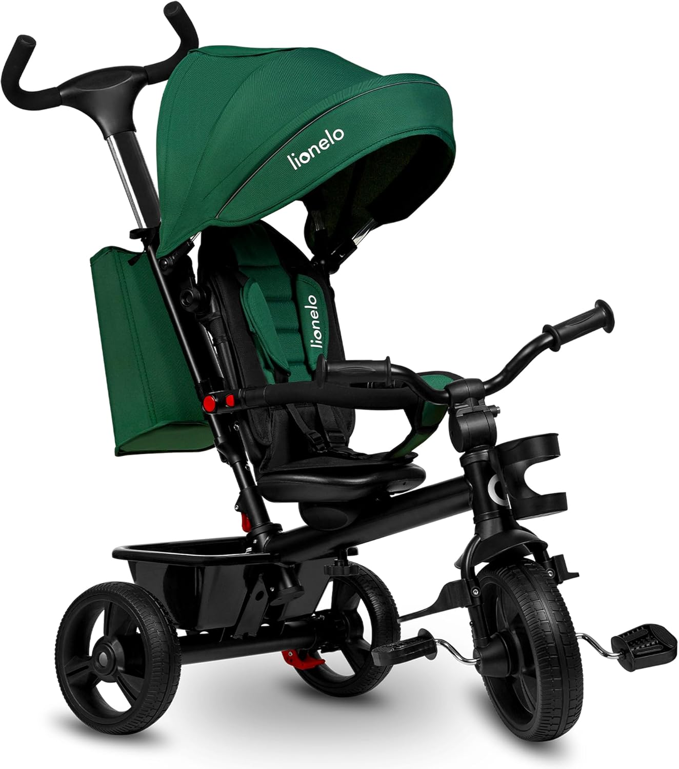 lionelo ▫️ Triciclo Evolutivo para Crianças Haari, Bicicleta para Bebés 4 em 1, Crianças até 25 kg, 1,5-5 anos, Cesto espaçoso, Saco e suporte para copos, Cintos de segurança de 3 pontos, Capota Grün