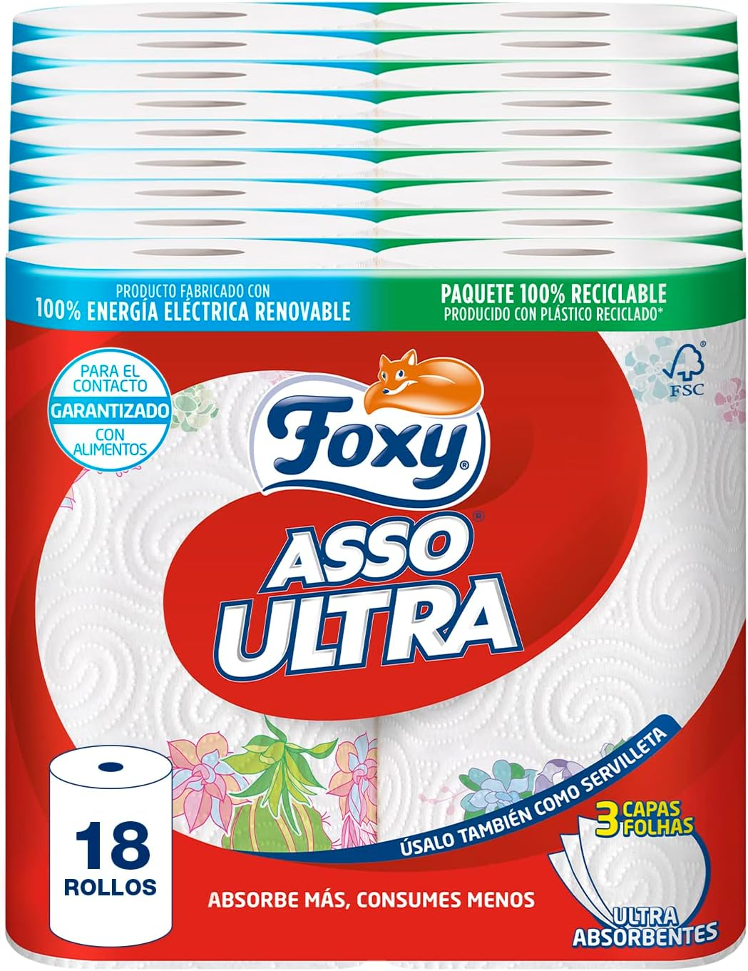 Foxy ▫️ Toalhete de cozinha Asso Ultra, 18 rolos, 3 camadas Absorvente, com padrão, Certificado FSC, Energia renovável, Embalagem reciclável produzida a partir de plástico reciclado
