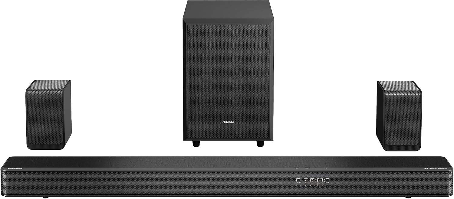 Hisense ▫️ AX5125H - Barra de som 5.1.2, 500 W, subwoofer e colunas traseiras sem fios, colunas de montagem no teto, Dolby Atmos, Hi Concerto, 7 modos de equalização, passagem 4K, Bluetooth 5.3