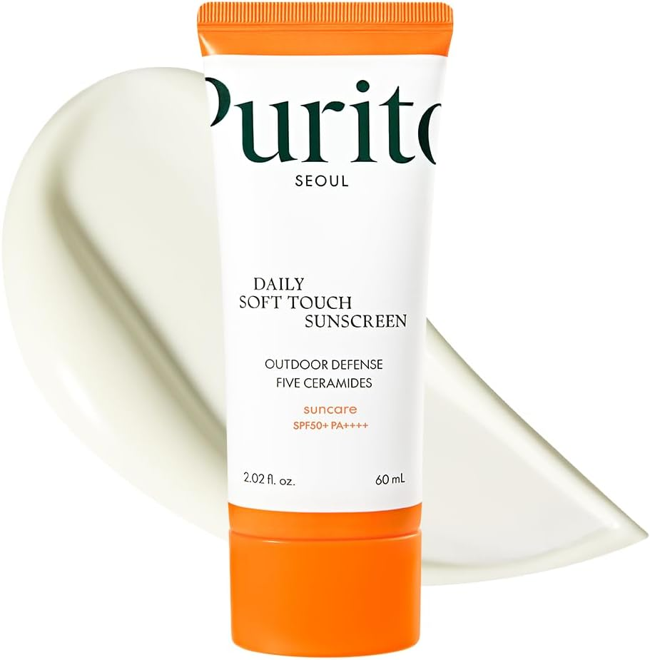 PURITO ▫️ SEOUL Soft Touch Daily Sunscreen, SPF50+ PA++++, Ceramidas, Não branqueia, Resistente à água, Proteção UVA & UVB, K-Beauty