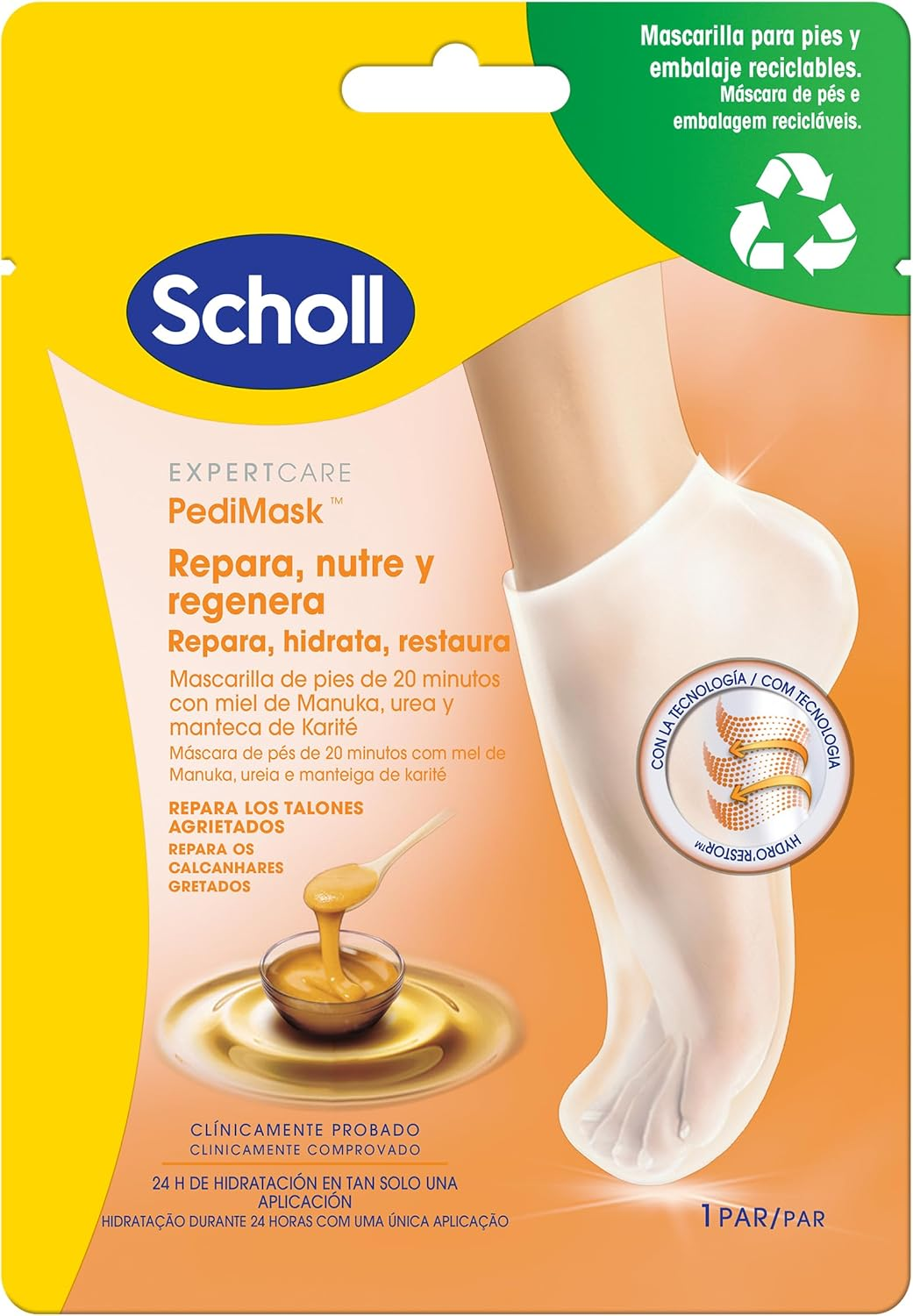 Dr. Scholl's ▫️ PediMask, Máscara suave para os pés com mel de Manuka, ureia e manteiga de karité, hidratação profunda, meias para calosidades, calosidades, fissuras e calosidades, embalagem e máscara recicláveis