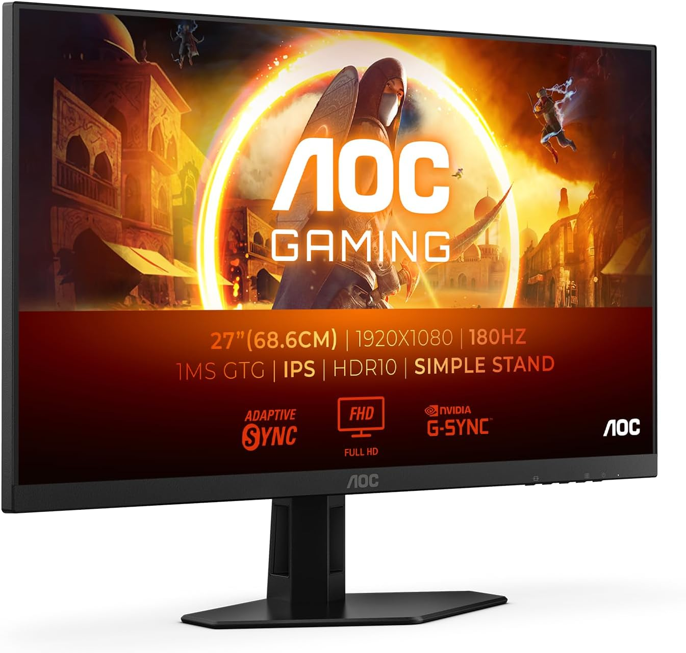 AOC ▫️ Gaming 27G4XED - Monitor Full HD de 27 polegadas, 180 Hz, 1 ms, FreeSync Prem, G-Sync Comp, HDR10 1920x1080, 2X HDMI 2.0, 1x DisplayPort 1.4 Preto/Cinza, FHD de 27 polegadas, Montagem fixa
