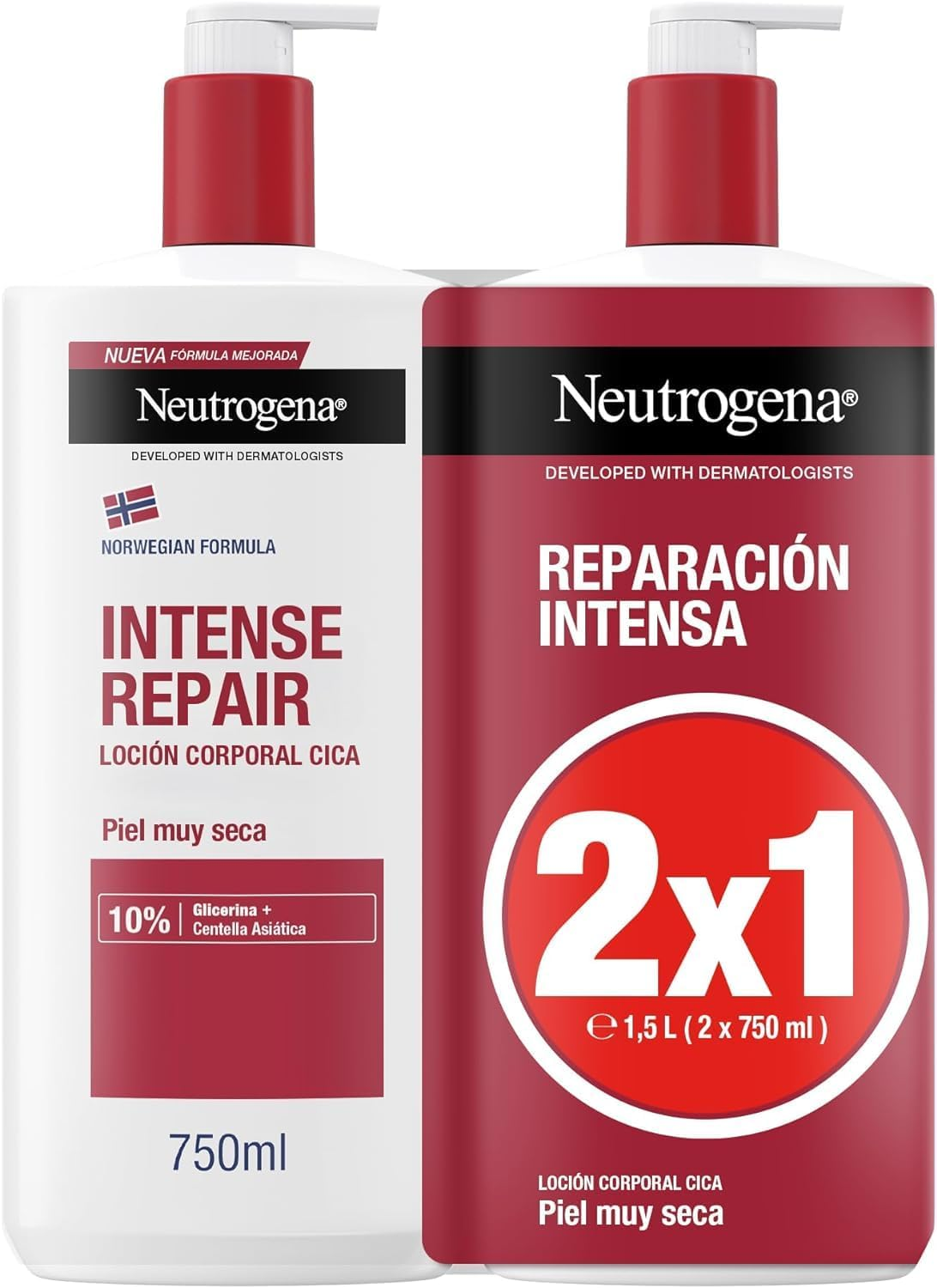 Neutrogena ▫️ Norwegian Formula CICA Loção Corporal de Reparação Intensa para Pele Seca (embalagem de 2 x 750 ml), hidratante corporal reparador com Centella Asiatica