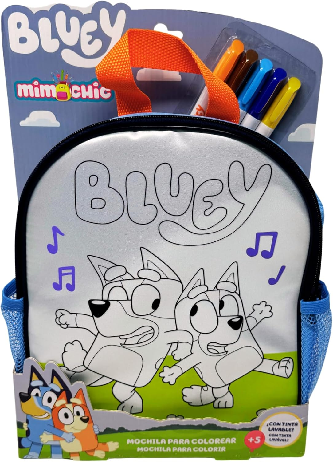 Cefa Toys ▫️ Mimochic Bluey mochila para colorir, lavável, 5 marcadores. Adequado para crianças a partir dos 5 anos.