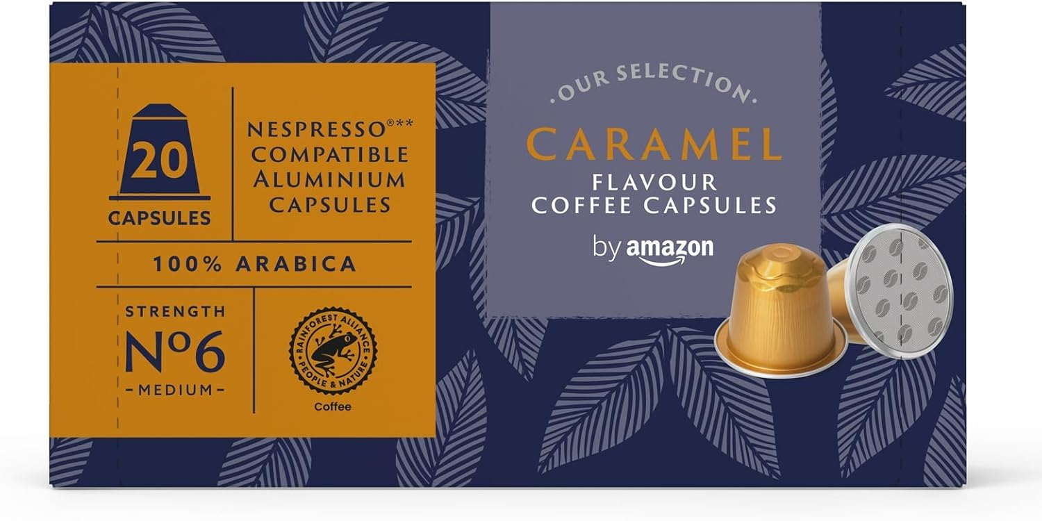 by Amazon ▫️ Cápsulas de café em alumínio com sabor a caramelo compatíveis com a Amazon Nespresso, 20 unidades (1 embalagem de 20), Rainforest Alliance Certified