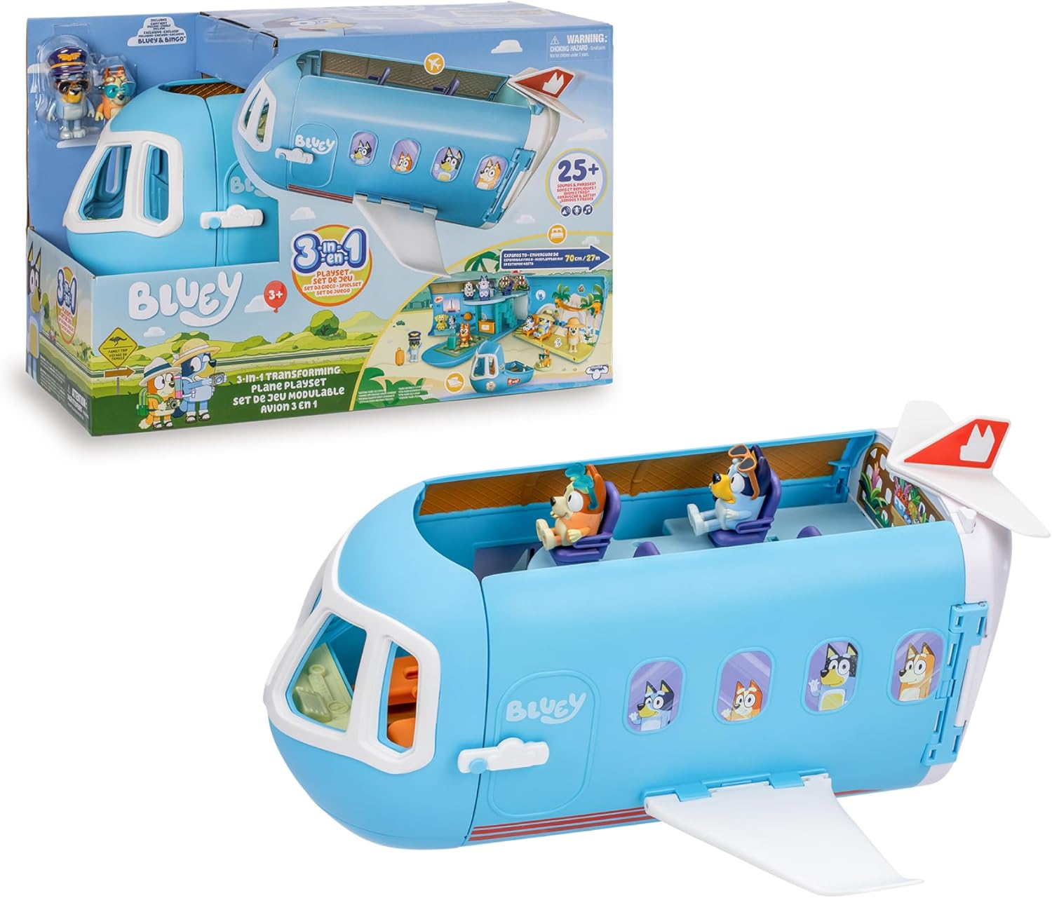 Bluey ▫️ Avião 3 em 1, o piloto e o Bingo vão de férias e o avião transforma-se num hotel, num barco e numa praia, 10 acessórios incluídos, brinquedo com sons, +3 anos, Famosa (BLY75000)