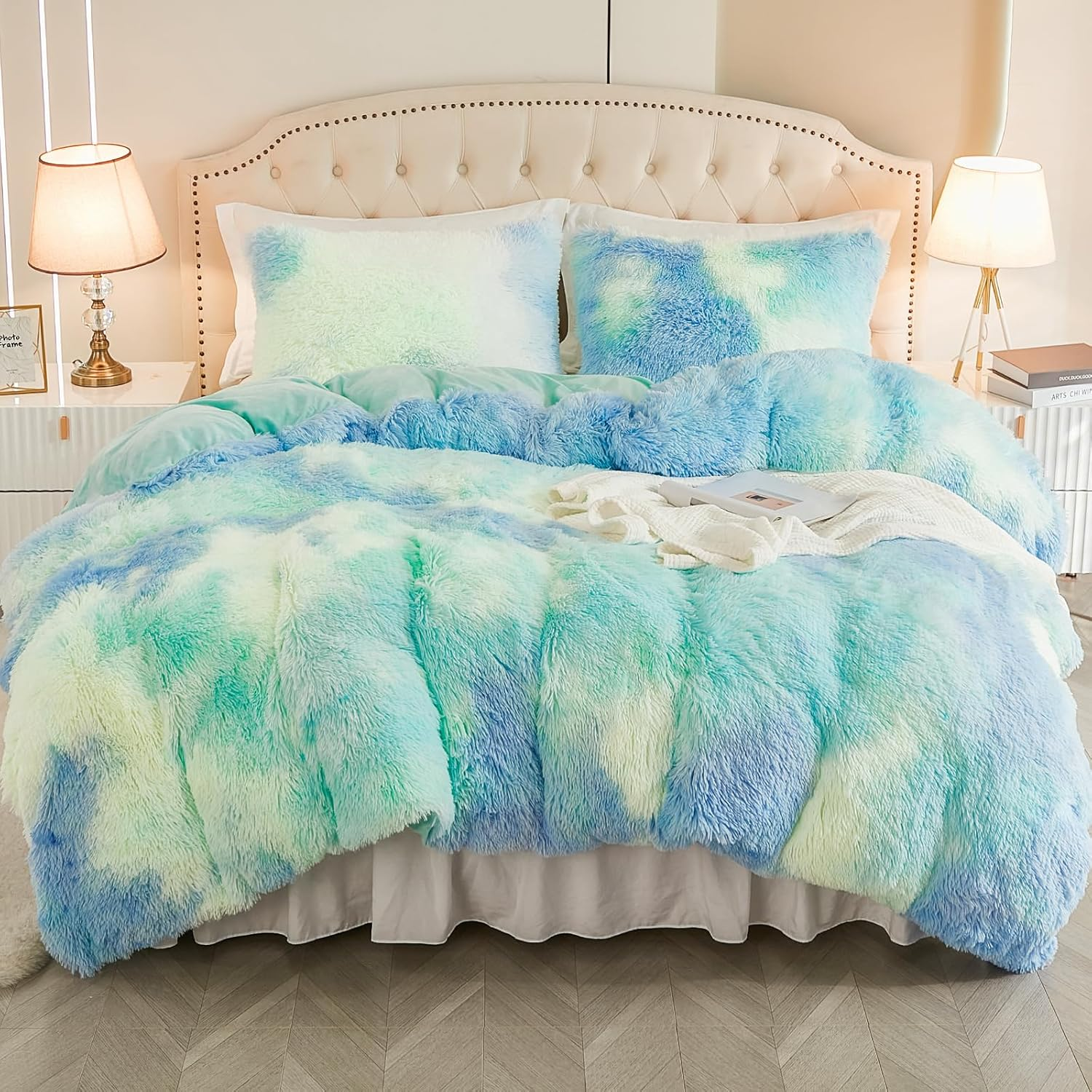 EMME ▫️ Conjunto de roupa de cama Plush, para cama de 200 x 200 cm, com 2 fronhas de 80 x 80 cm, macia e fofa, em azul e verde desbotado