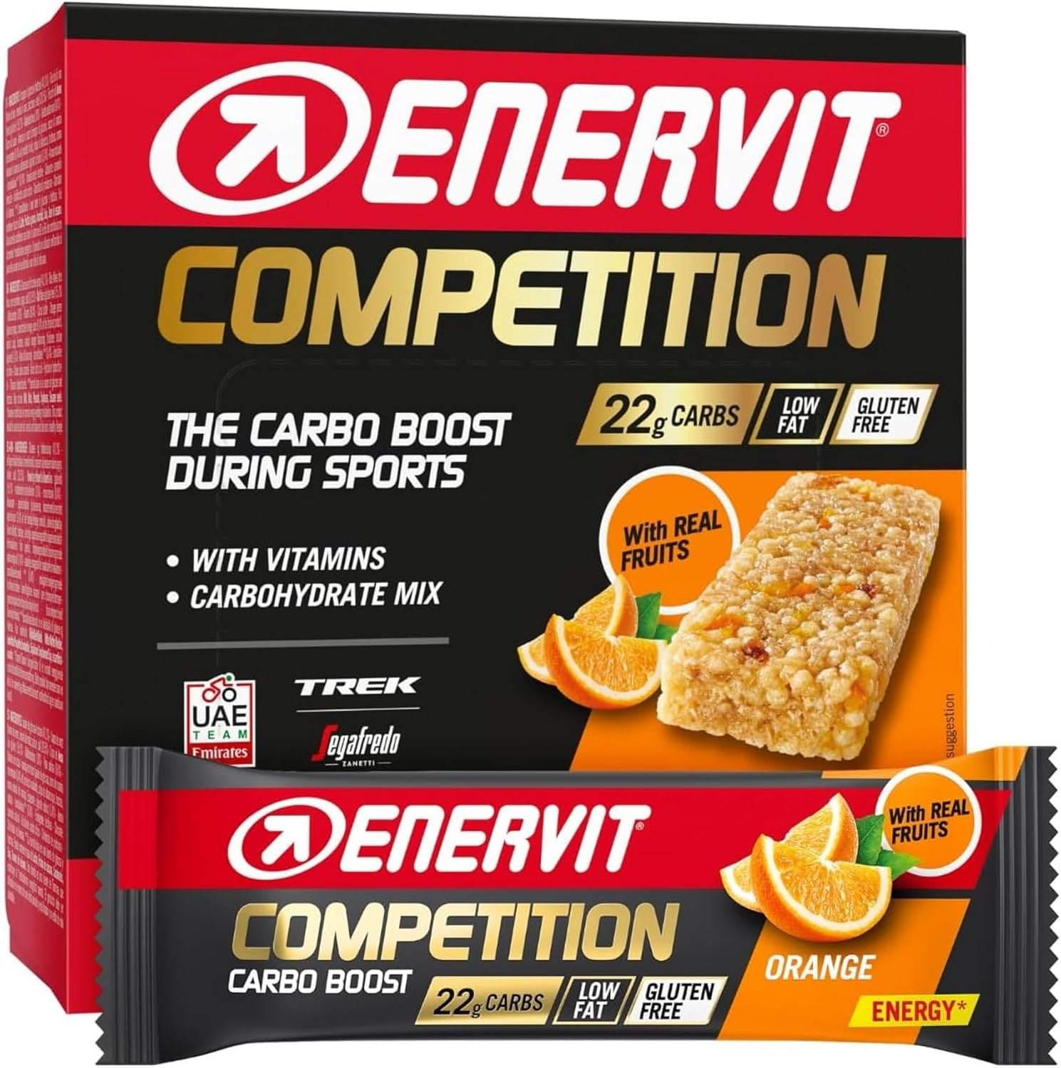 ENERVIT ▫️ Competition Bar Orange, barras energéticas com pedaços de laranja, fórmula técnica, para actividades de alta intensidade, 22 g de hidratos de carbono, vegan, sem glúten, 12 barras de 30 g