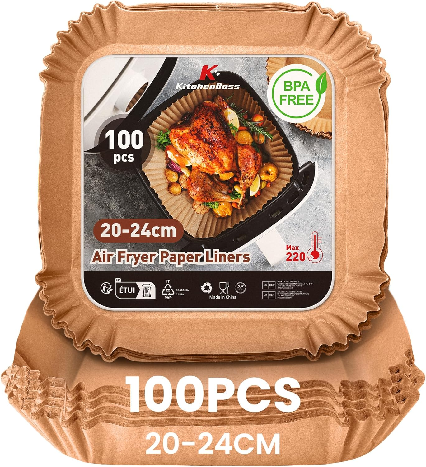 KitchenBoss ▫️ Papel para fritadeira de ar : 100 peças de papel para fritadeira de ar quadrado 20-24CM, papel descartável para fritadeira de ar Papel antiaderente impermeável à prova de óleo para fritadeira 5-8L, forno, micro-ondas