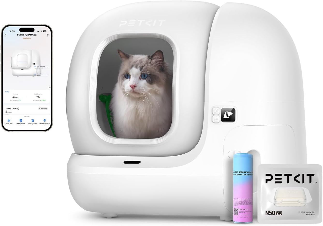 PETKIT ▫️ Pura MAX 2 Caixa de areia autolimpante para gatos, sanita para gatos, caixa de areia autolimpante para gatos, anti-vazamento, xSecure/Odor Eliminator/APP/76L, para vários gatos (sem purificador, com N50