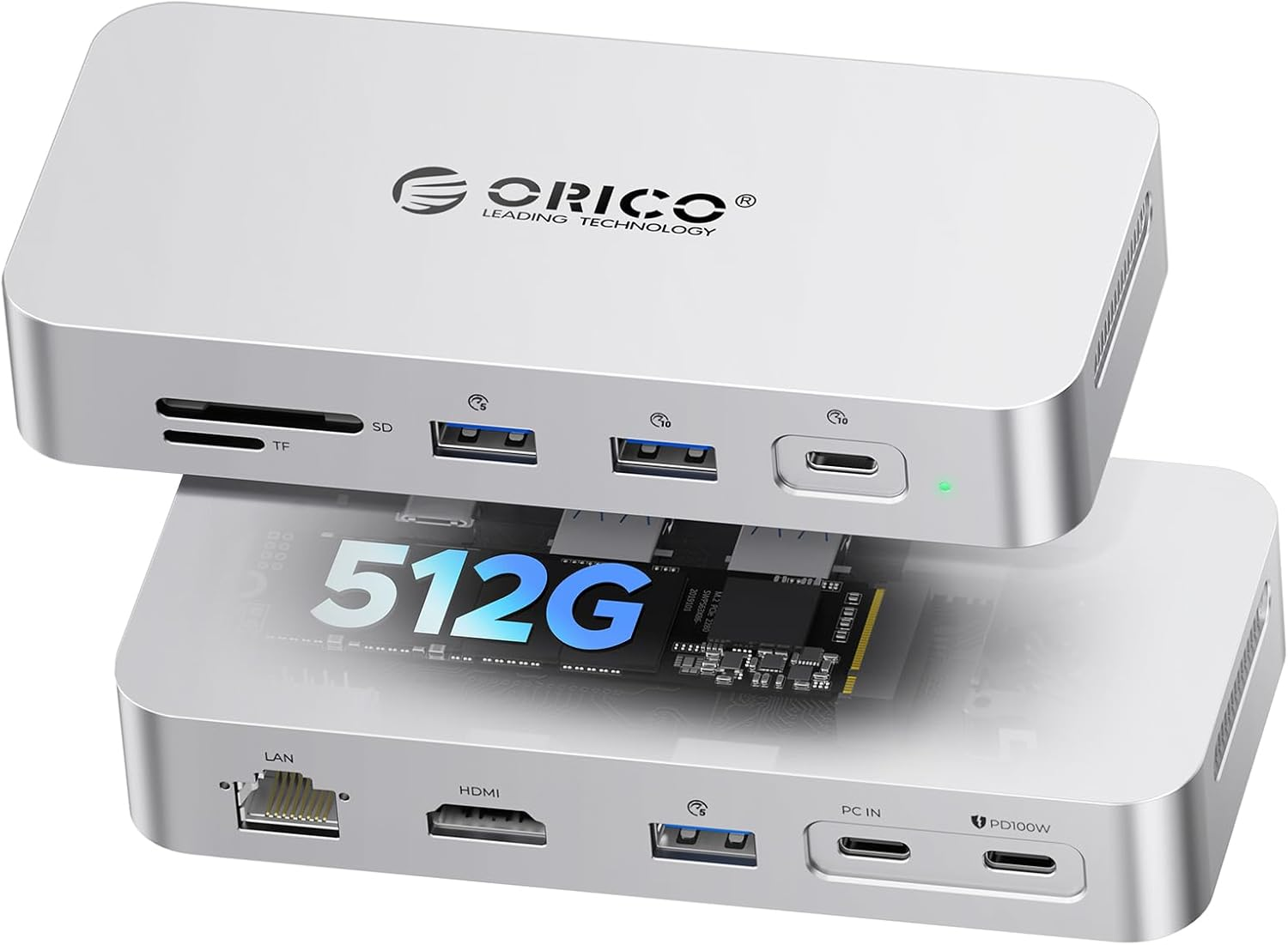 ORICO ▫️ Estação de ancoragem SSD externa de 512 GB expansão de armazenamento + extensão de interface, até 1000 MB/s, HUB USB C 10 em 1, suporte para ecrã HDMI 4K@60Hz, 100 W PD, Ethernet, SD/TF - SJ10