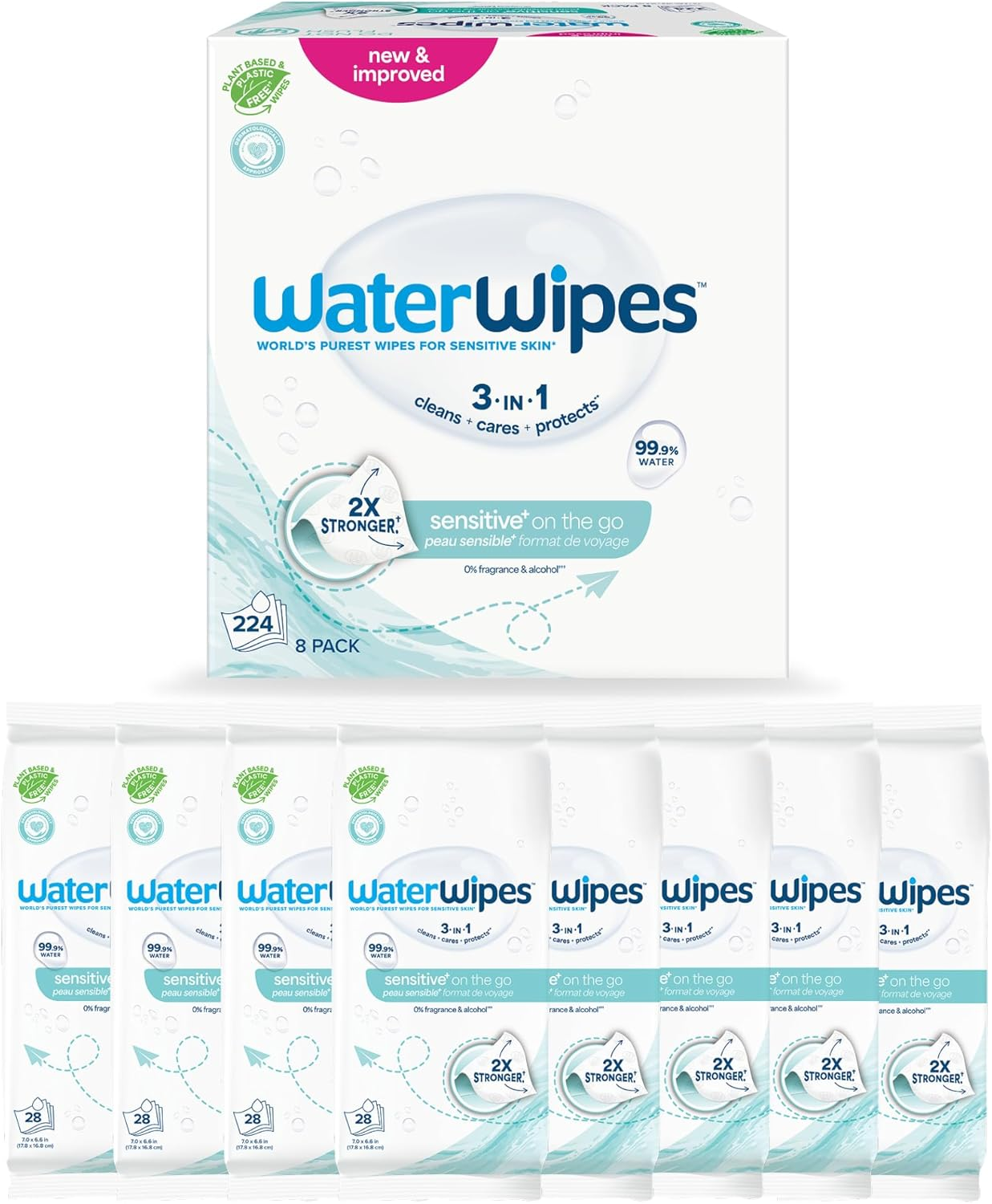 WaterWipes ▫️ Sensitive+ On The Go Wipes, toalhetes On The Go, 224 unidades (embalagem de 8), 3 em 1 Limpa, cuida, protege, 99,9% de água, sem perfume, toalhetes hidratantes