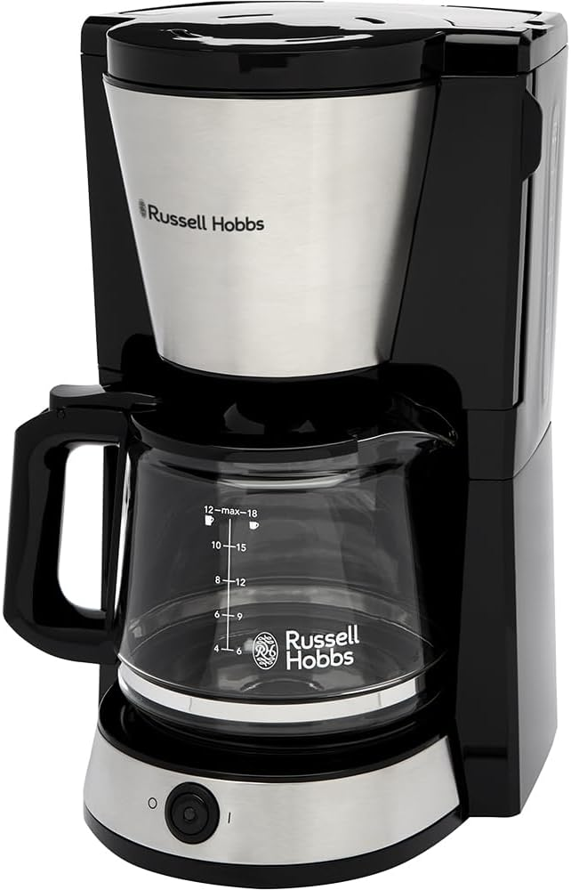 Russell Hobbs ▫️ Cafeteira de gotejamento jarro de vidro de 1,25 l, 10 chávenas, manter quente 40 min, função pausa para servir, aço inoxidável escovado, iluminação azul, Heaton 27400-56