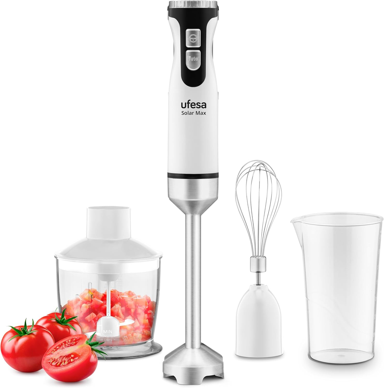 Ufesa ▫️ Varinha mágica Solar Max, potência 1200W, 12 velocidades + TURBO, 4 lâminas de aço inoxidável, design ergonómico e à prova de salpicos, acessórios incluídos, sem BPA