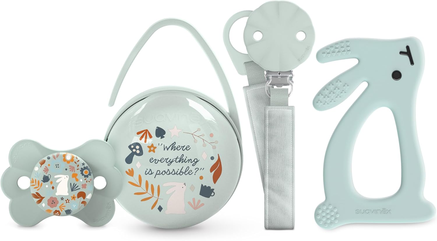 SUAVINEX ▫️ Prenda para recém-nascido. Conjunto de oferta para bebé com: Chupeta com Tetina Fisiológica SX Pro para Bebés 0/6 Meses + Chupeta + Suporte Duo para Chupeta + Mordedor de Silicone (4 peças). País das Maravilhas, Verde
