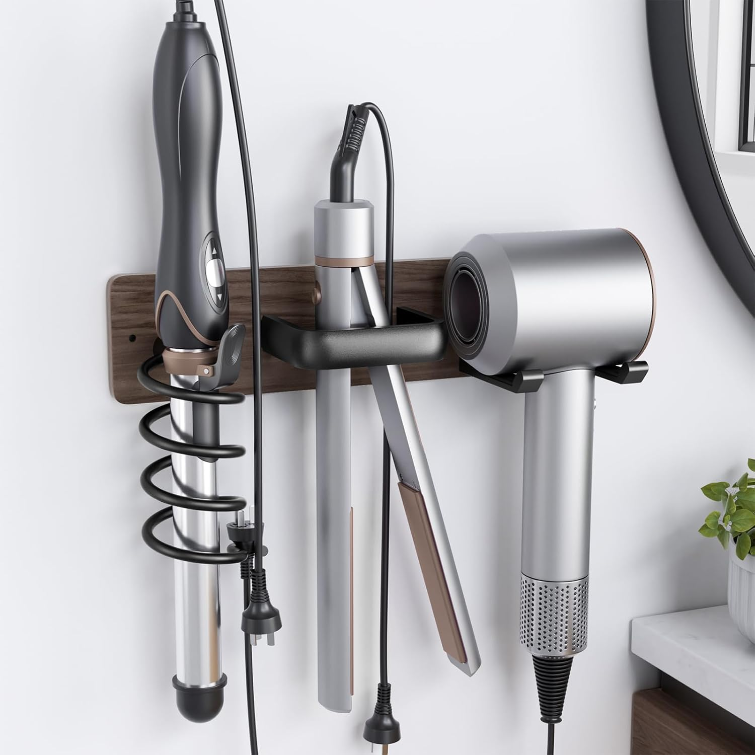 Tindbea ▫️ Suporte para secador de cabelo Suporte para ferro de frisar , Suporte para secador de cabelo de parede, rack organizador de ferramentas de cabelo 3 em 1 de nogueira