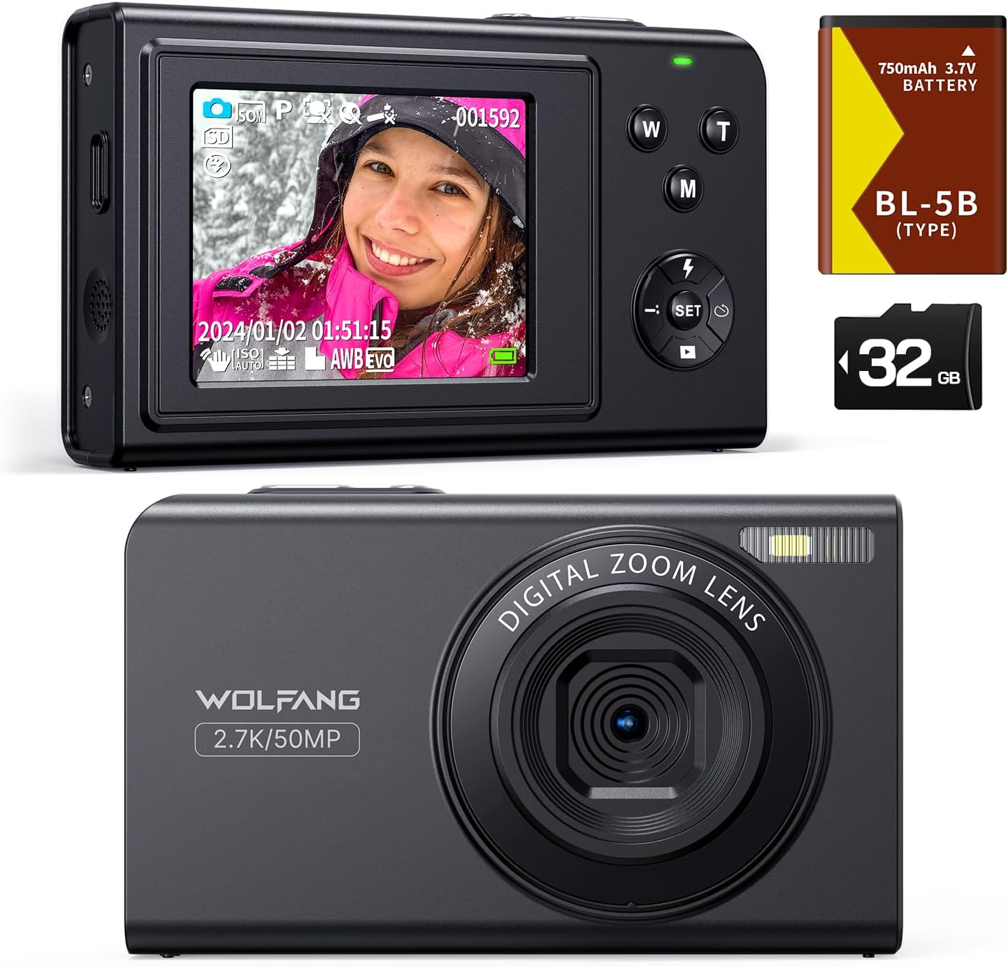 WOLFANG ▫️ Câmara digital câmara infantil 2.7K para fotografia, câmara compacta de 50 MP para vlogging, câmara de vídeo digital com zoom de 16 X, câmara digital com focagem automática e obturador, presente