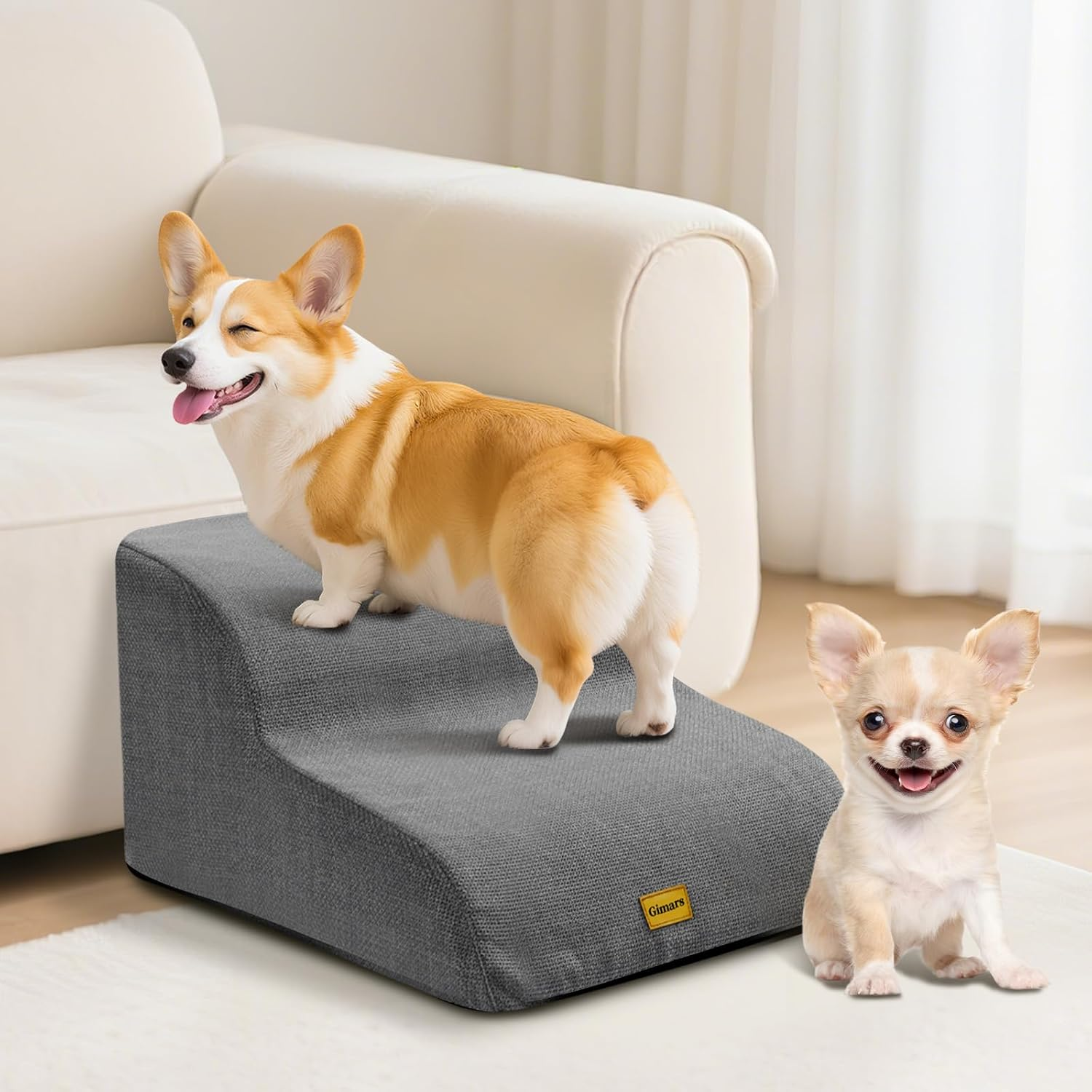Gimars ▫️ Dog Staircase 2 Degraus 55CM Longos Degraus Largos para Cães Pequenos, Médios e Grandes, Altura 30CM com 33D Espuma de Alta Densidade, Cobertura de Linho Base Antiderrapante Suporta 30KG, para Sofá Cama