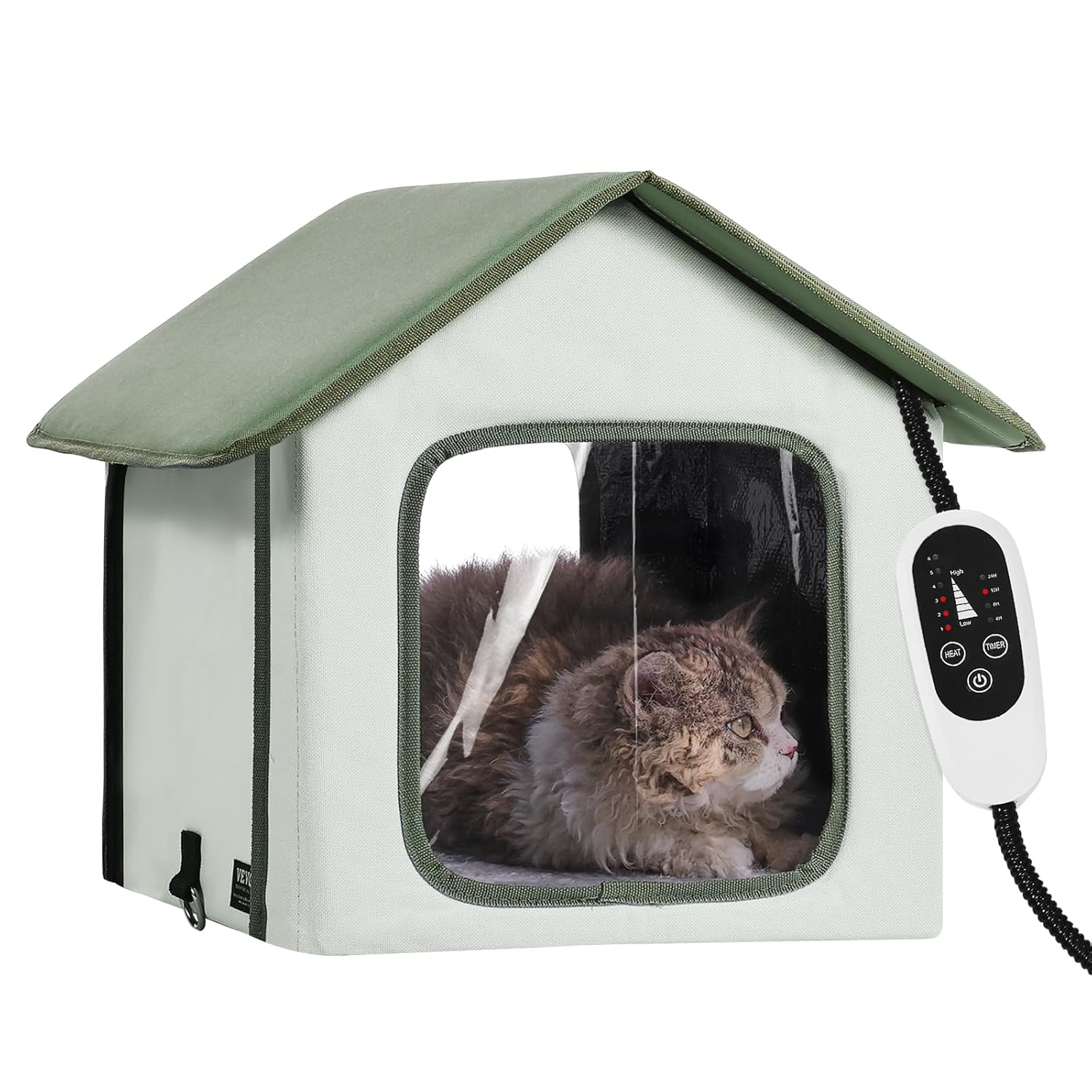VEVOR ▫️ 35 x 34 x 40 cm Casa para gatos aquecida, abrigo para gatos dobrável para exterior em tecido Oxford 600D com almofada de aquecimento, temperatura ajustável e temporizador, verde (pequena)