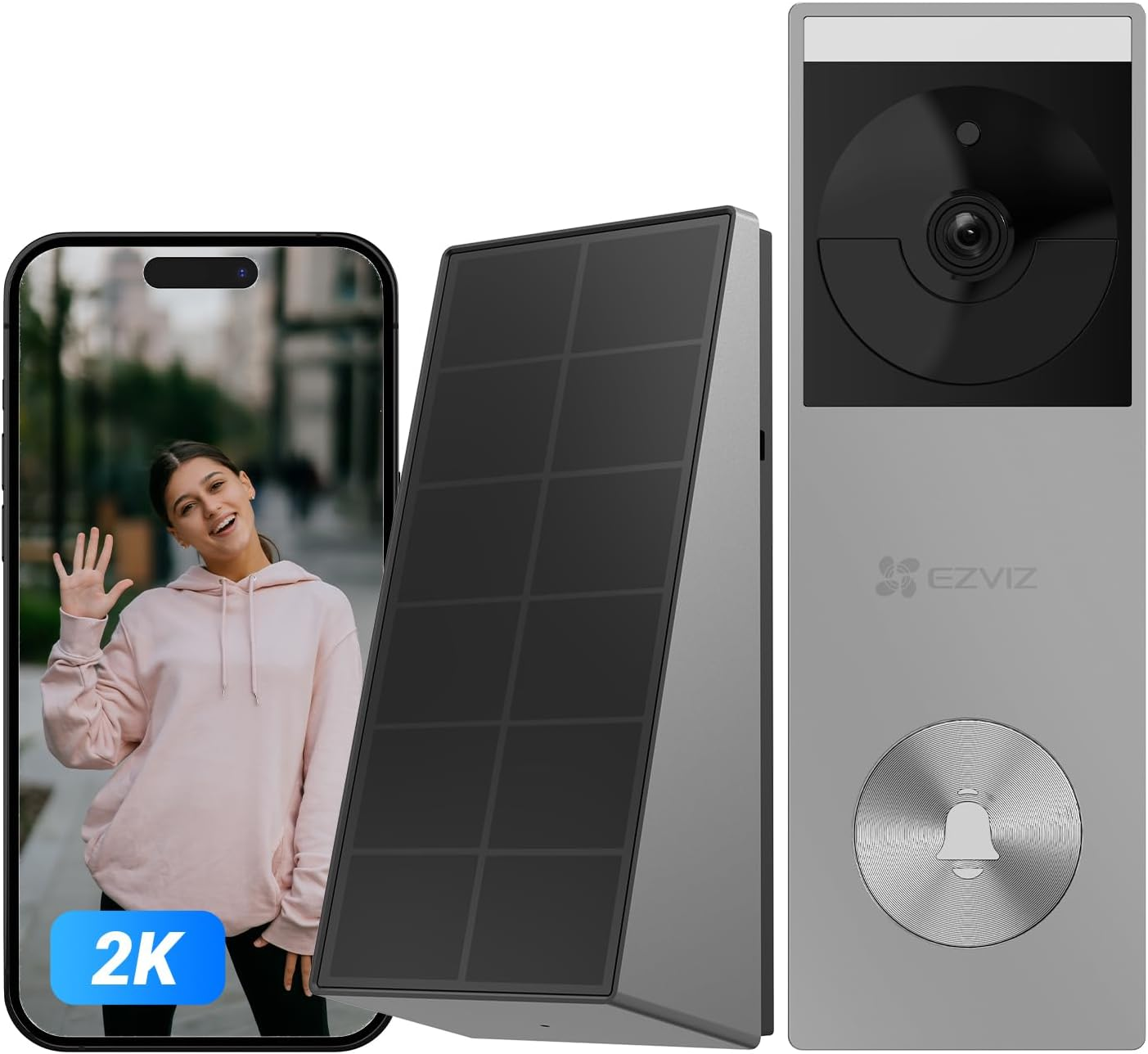EZVIZ ▫️ Campainha sem fios com câmara de painel solar, campainha de vídeo 2K para exterior à prova de água, deteção de pessoas, visão nocturna a cores, áudio bidirecional, 8 GB eMMC incorporado, CP3 Pro