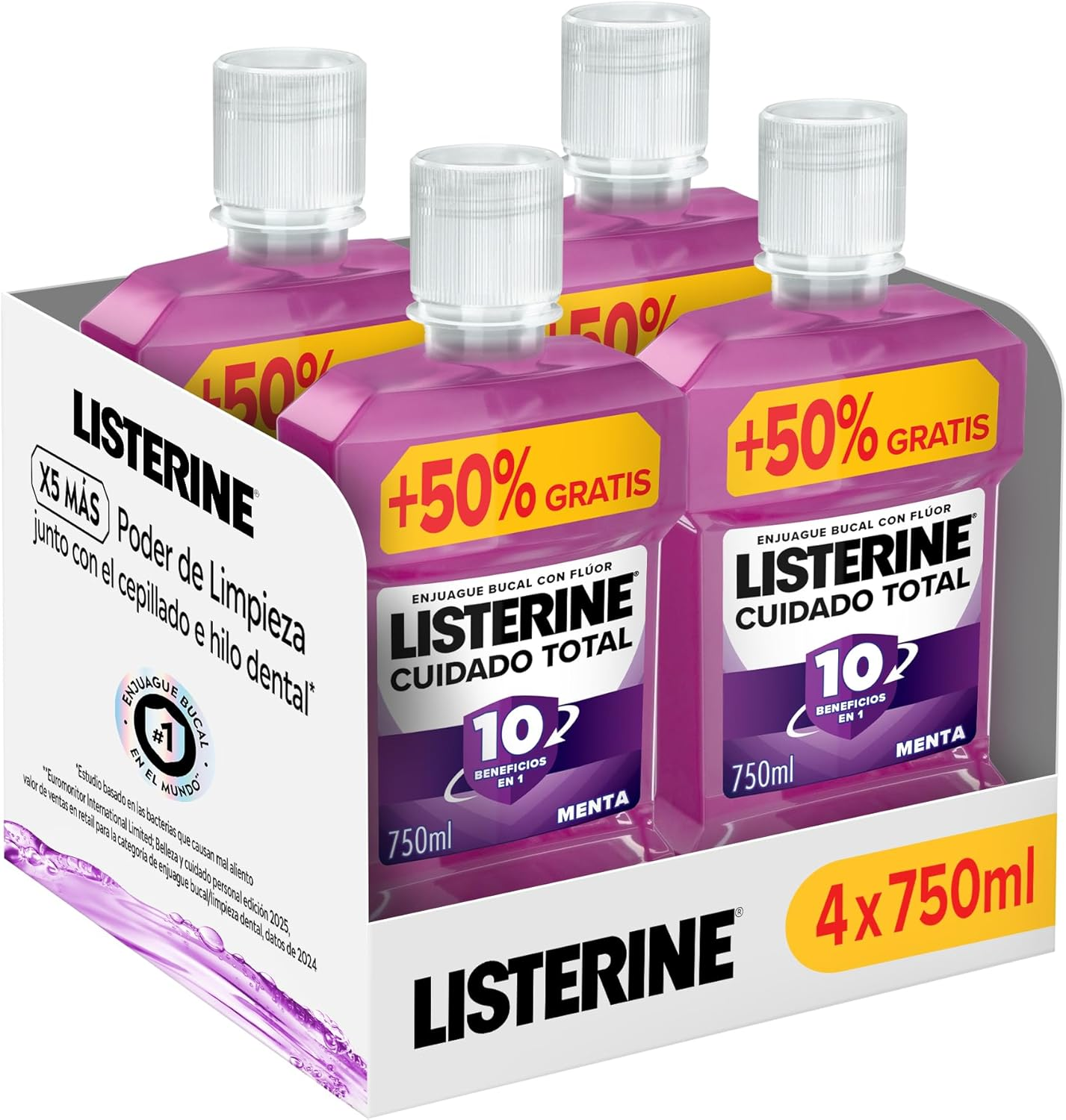 Listerine ▫️ Total Care (4x750 ml), colutório, colutório gengival com 10 benefícios em 1, elixir bucal com 12 horas de proteção, para dentes brancos.