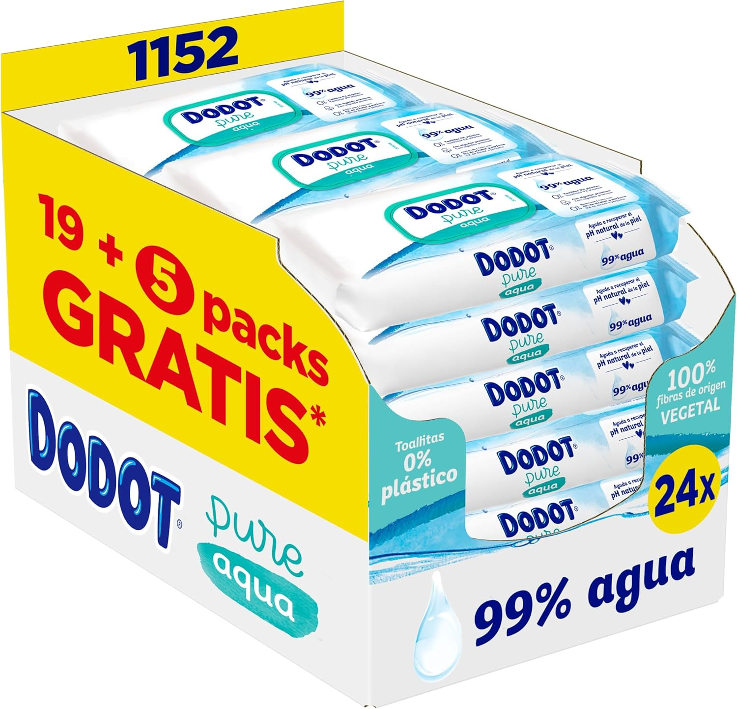 DODOT ▫️ Pure Aqua Baby Wipes,1152 toalhetes (24 embalagens de 48), ajuda a restaurar o PH natural da pele, 99% de água, sem plástico