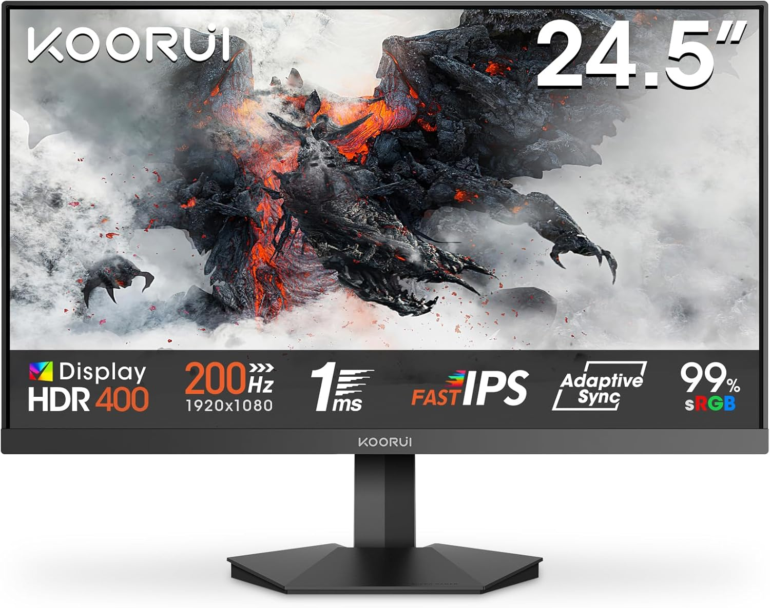 KOORUI ▫️ Monitor para jogos G2511P de 24,5 polegadas, 200Hz, FHD 1080P, IPS, GTG 1ms, HDR400, 90% DCI-P3, Eye Care, Adaptive Sync, 2xHDMI 2.0, DP 1.4, inclinação ajustável, VESA 75x75 mm
