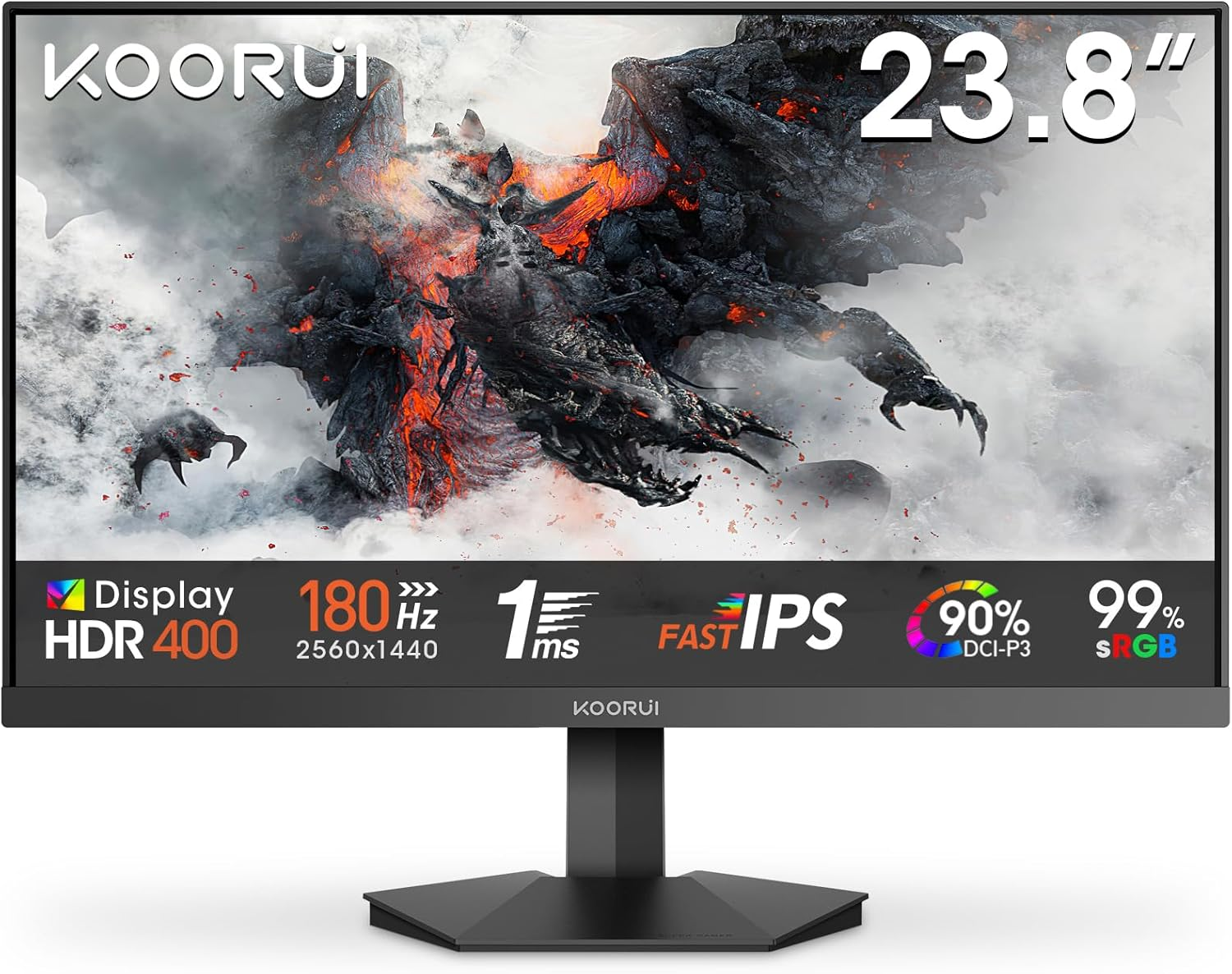 KOORUI ▫️ Monitor para jogos G2421V QHD 24 polegadas, IPS rápido, 180 Hz, GTG 1 ms, 2560 x 1440, sincronização adaptável, 2xHDMI 2.0, DP 1.4, HDR400, 90% DCI-P3, proteção ocular, inclinação, VESA 75 x 75 mm