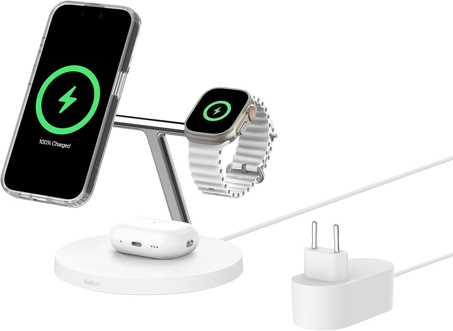Belkin ▫️ Carregador 3 em 1 Qi2 BoostCharge, estação de carregamento sem fios com MagSafe, base de carregamento Qi2 para iPhone 17, Air, Pixelsnap, Apple Watch, AirPods, fonte de alimentação - Branco