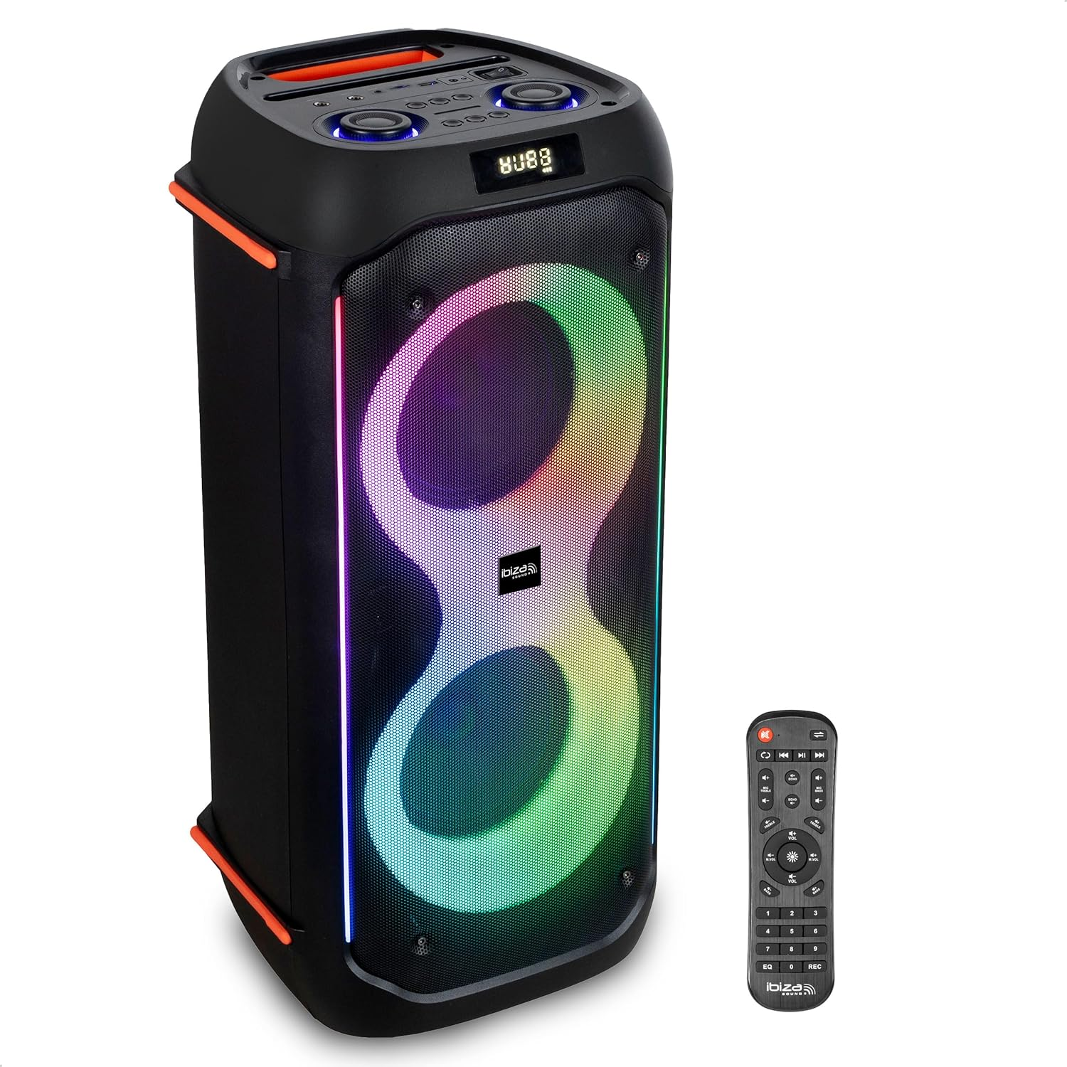 Ibiza ▫️ COLUMBA600 - Altifalante, Potente 2x6,5"/16cm Alimentado por Bateria Recarregável - Bluetooth, Micro-SD, USB, Aux, 2 Mic IN - TWS - LED Infinito Multicolorido - Pega