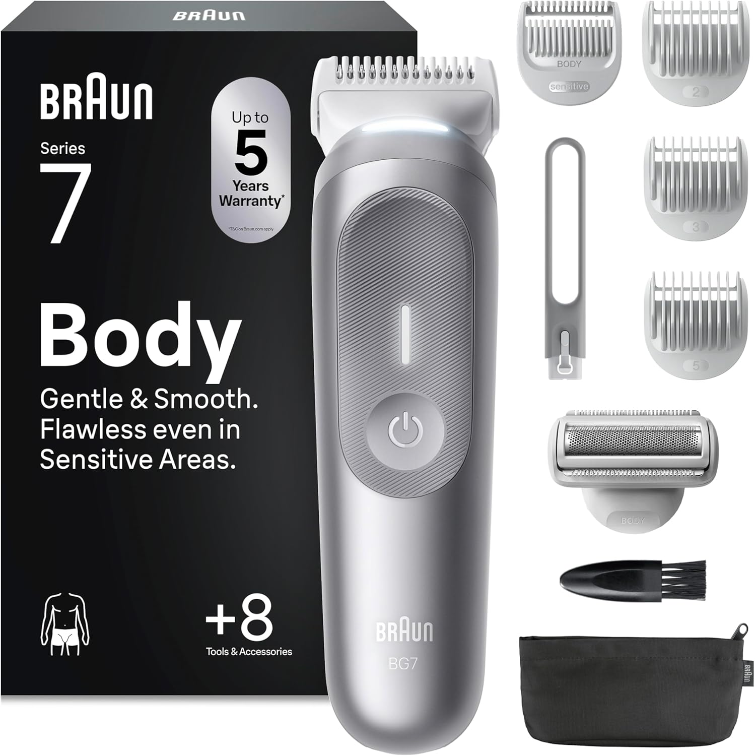 Braun ▫️ Body Groomer Series 7 BG7555, máquina de barbear corporal para homem com pele sensível, +8 acessórios de barbear, autonomia de 100 minutos, aparar e barbear, à prova de água, cinzento
