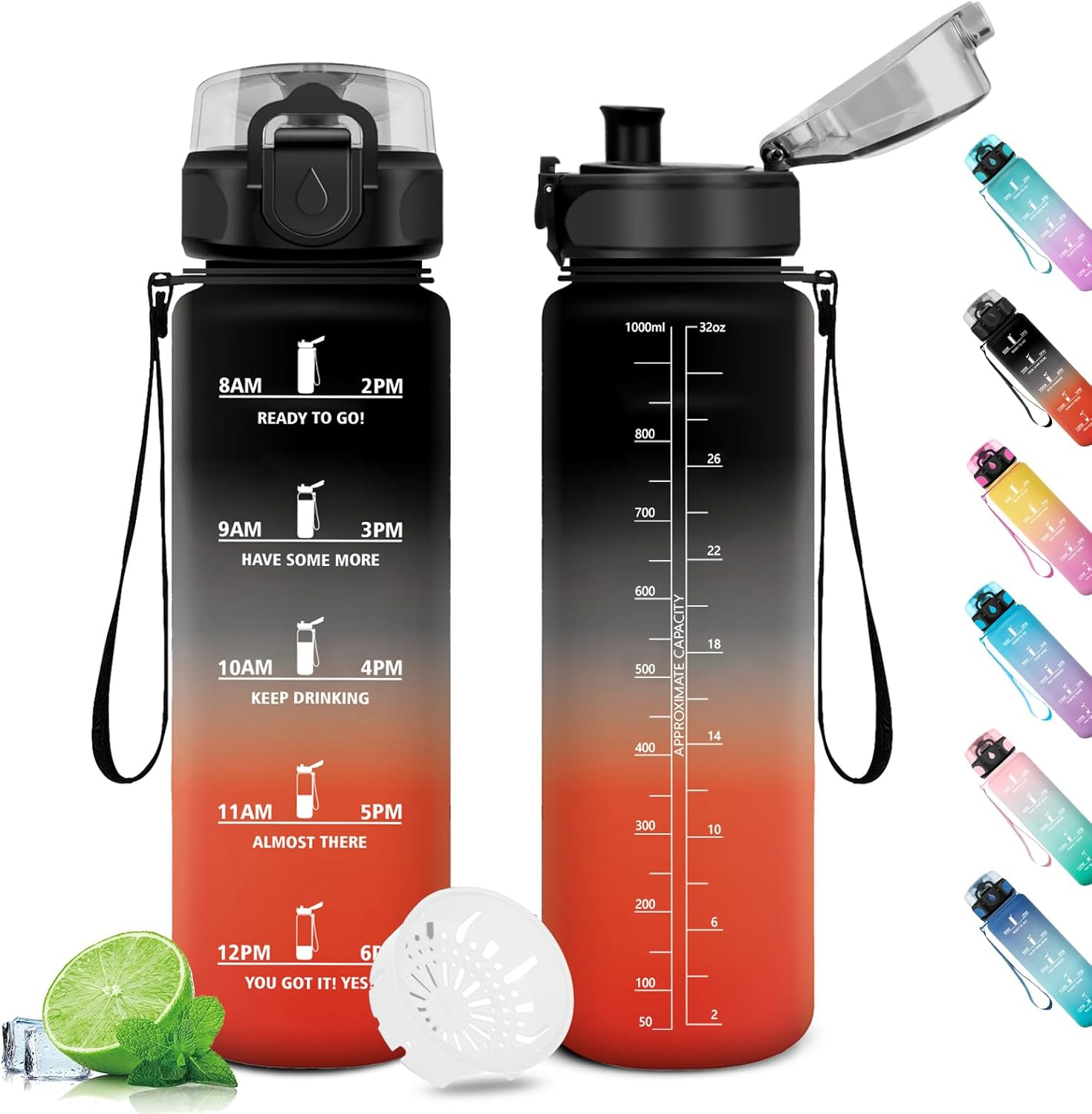 KollyKolla ▫️ Garrafa de água desportiva 1L, Garrafa de água à prova de fugas, Garrafa motivacional com tampa, Garrafa reutilizável, Garrafa de água desportiva à prova de derrames, Garrafa de água para adultos, ginásio, campismo