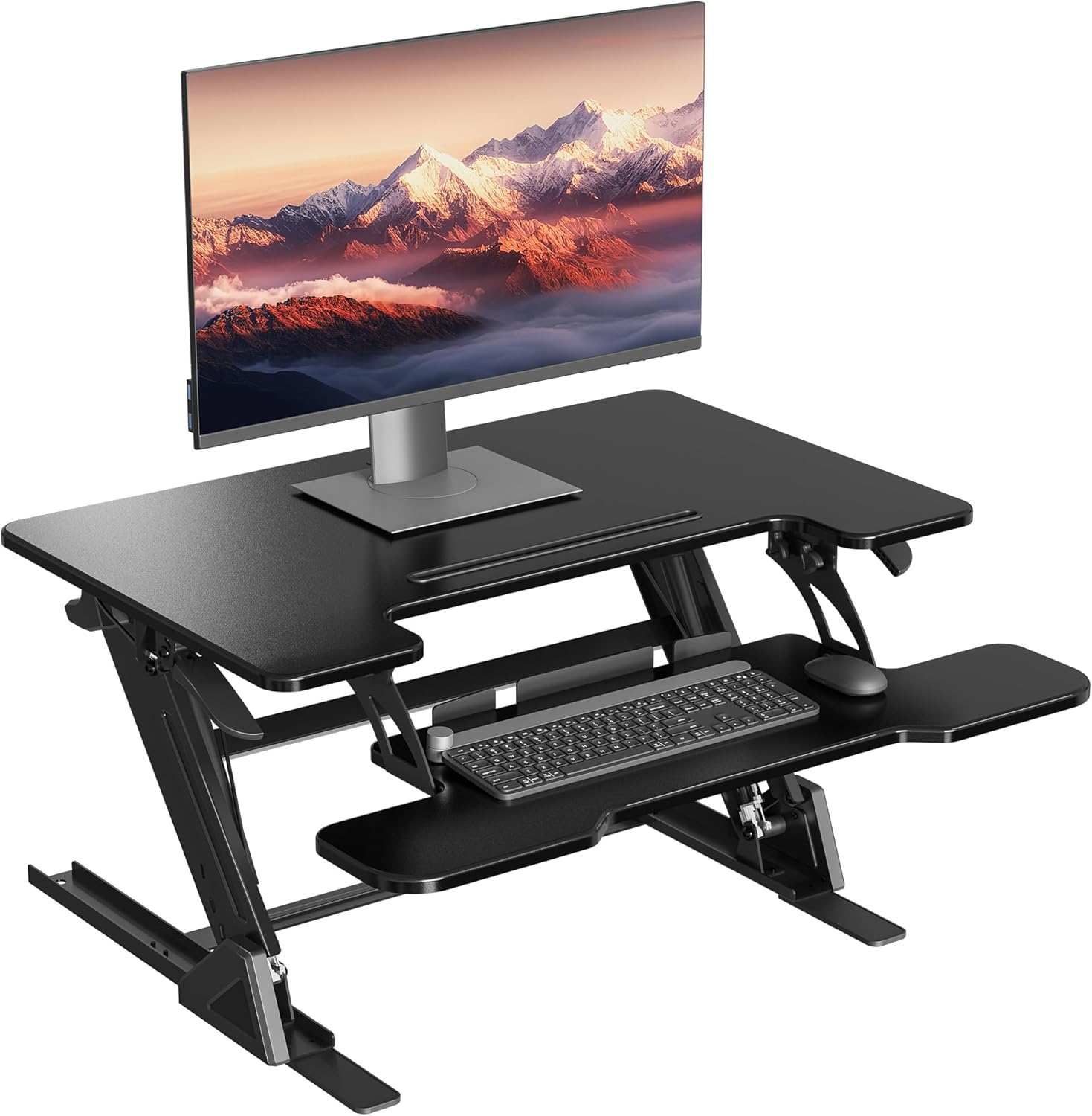 BONTEC ▫️ Secretária de pé elevável conversor de secretária ajustável com mola de gás dupla, plataforma para dois monitores 81,3 cm x 52,2 cm, capacidade 15 kg, design ergonómico, montagem fácil
