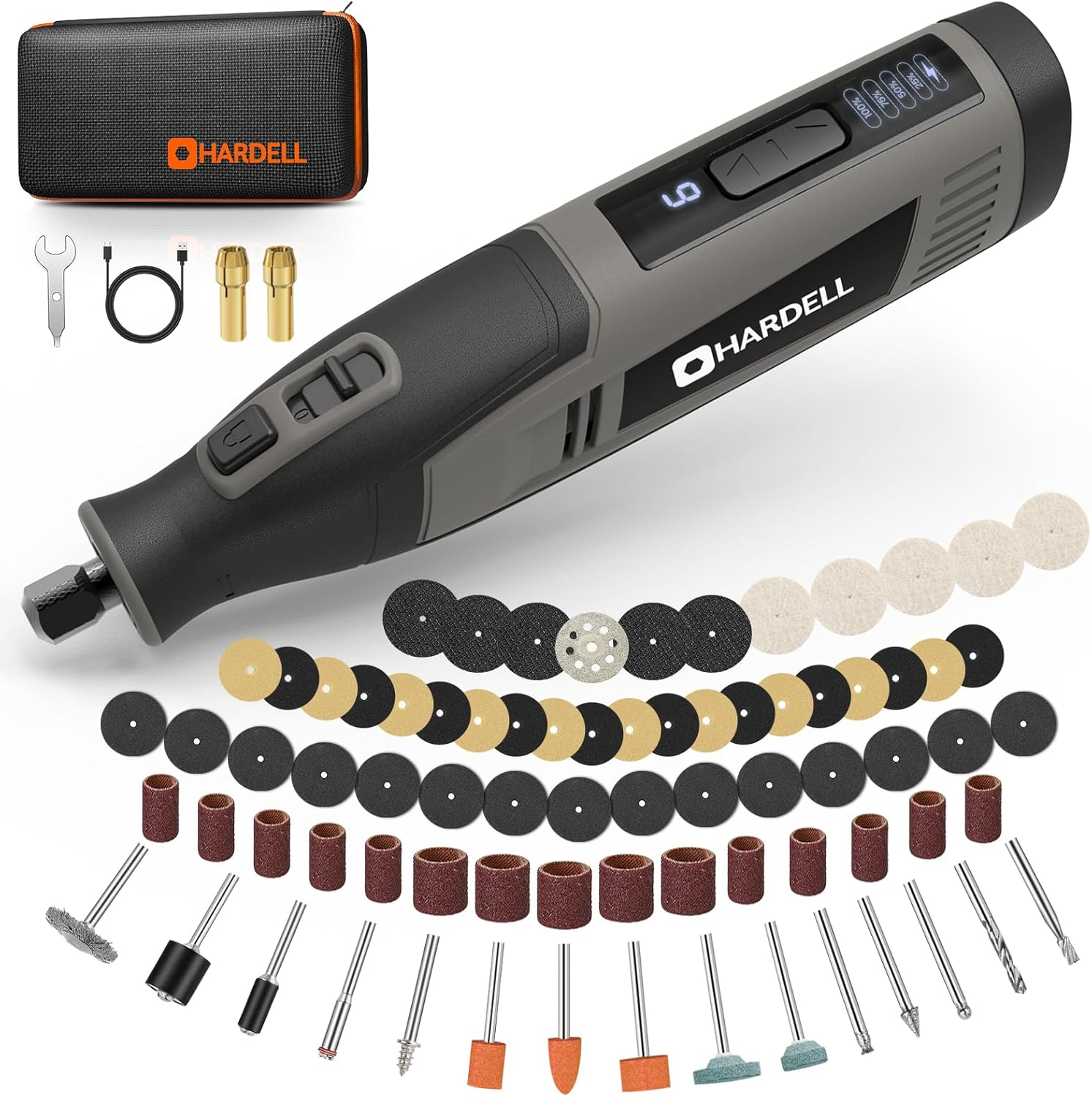 HARDELL ▫️ Ferramenta rotativa sem fios com 80 acessórios - Mini rebarbadora eléctrica com bateria de 4000mAh, 6 velocidades (8000-28000 RPM), carregamento rápido tipo C para cortar, furar, esculpir e trabalhos manuais