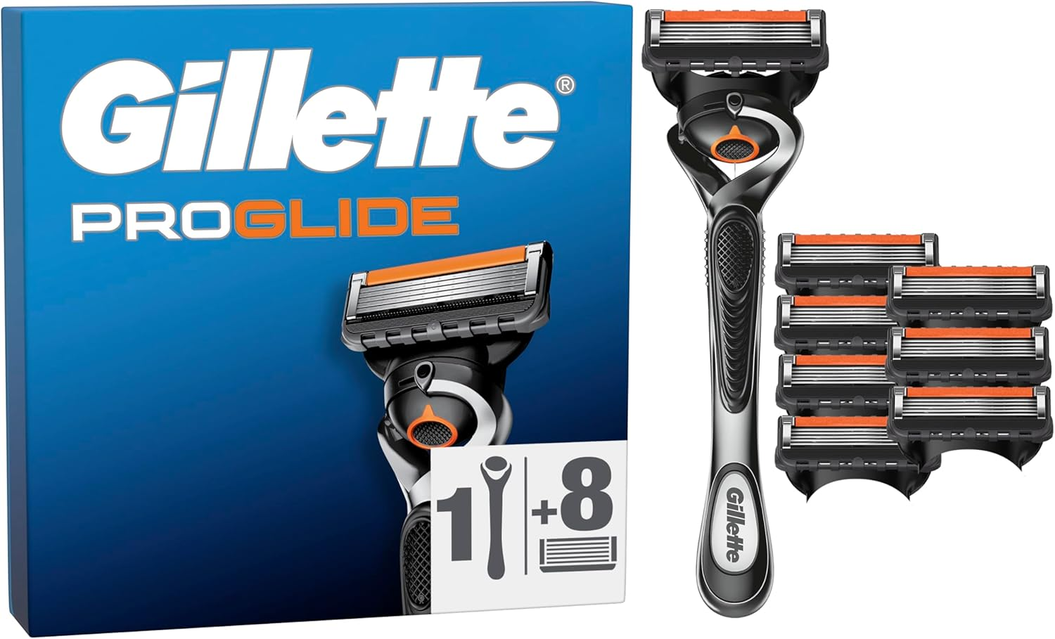Gillette ▫️ Proglide Men's Razor With Refills, 1 cabo com tecnologia Flexball e 8 lâminas de barbear com lubrificação dupla e aparador de precisão