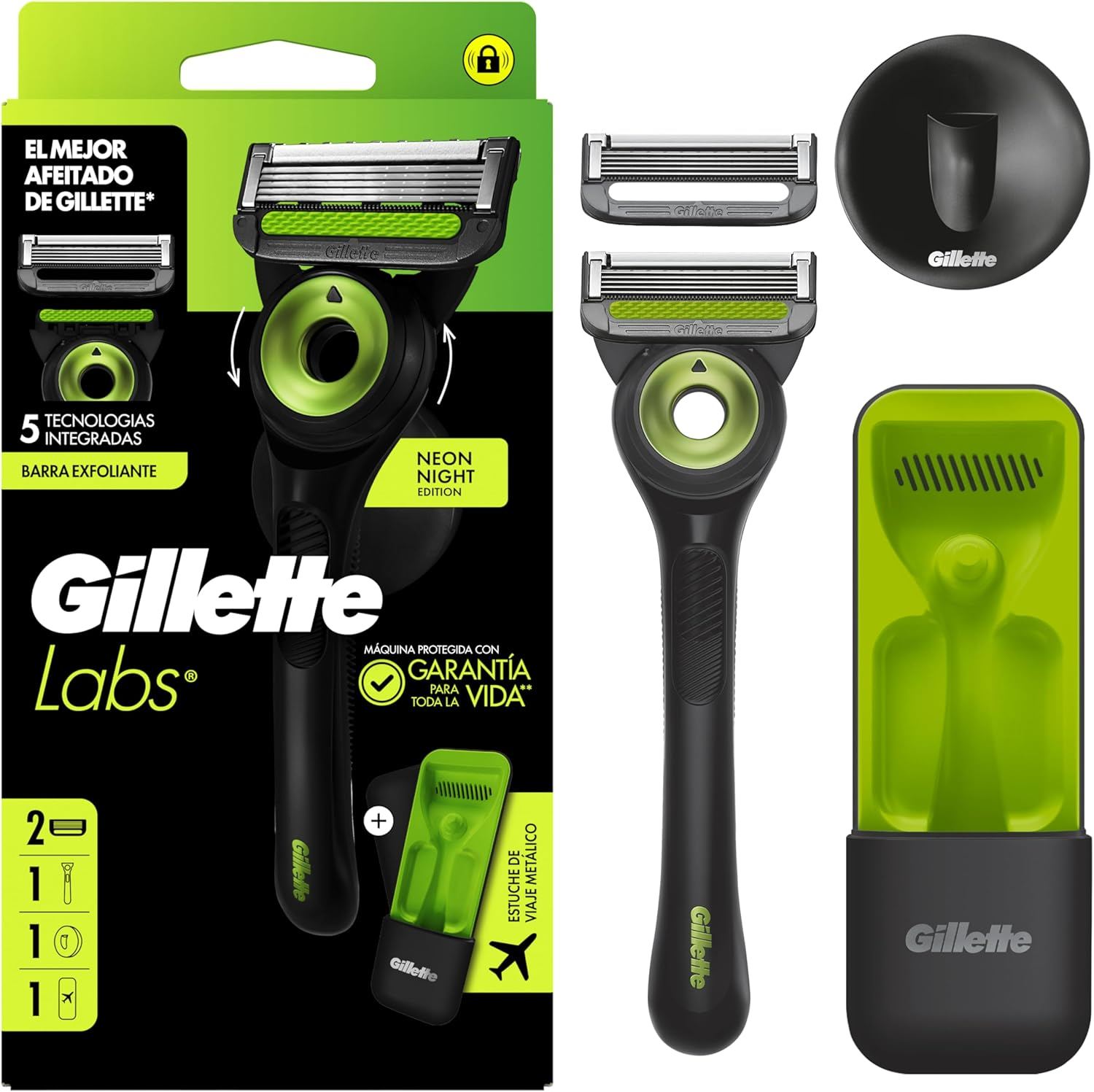 Gillette ▫️ Navalha GilletteLabs Neon Night Edition, 1 cabo com barra esfoliante integrada, 2 lâminas de substituição com fita lubrificante, 1 estojo de viagem, 1 cabide de parede